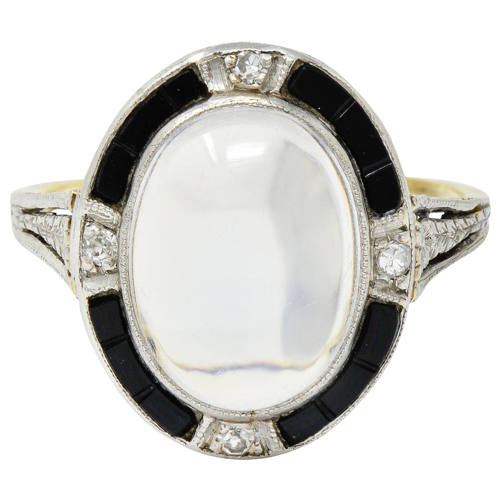 Edwardian Moonstone Onyx Diamond Platinum-Topped 14 Karat Gold Ring