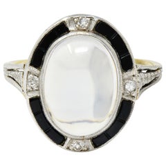 Antique Edwardian Moonstone Onyx Diamond Platinum-Topped 14 Karat Gold Ring