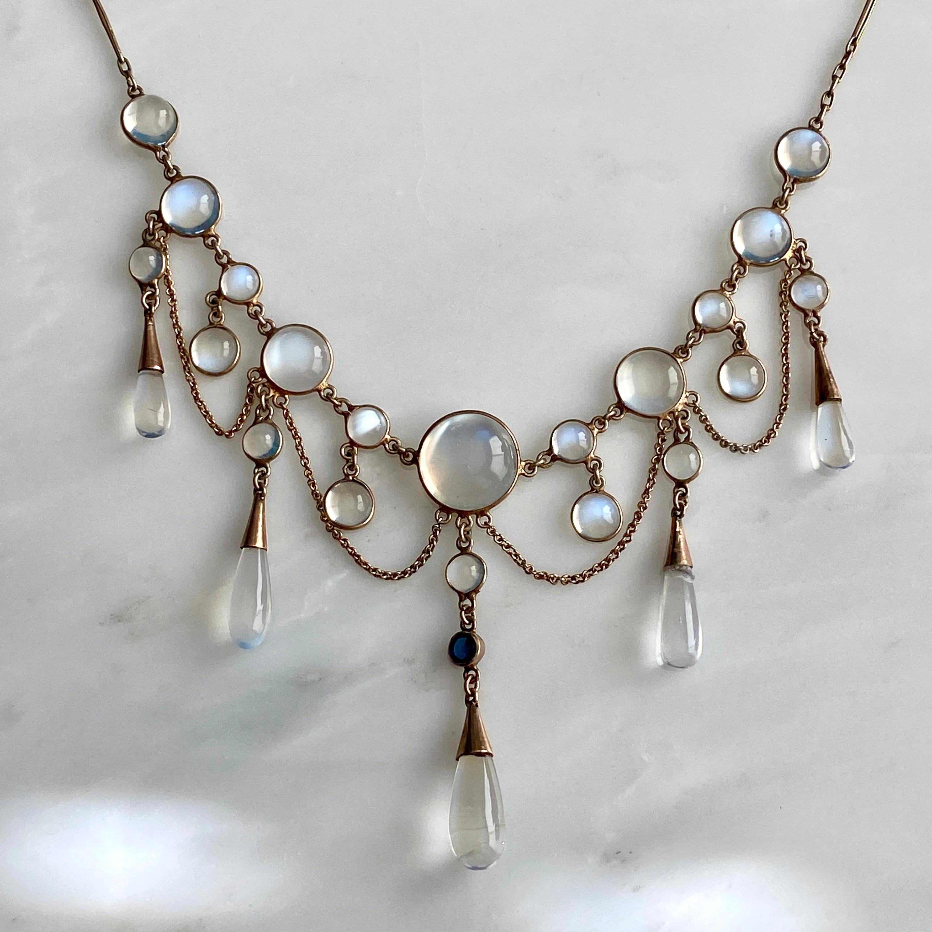 Edwardian Moonstone Sapphire 9K Festoon Necklace In Good Condition In Scotts Valley, CA