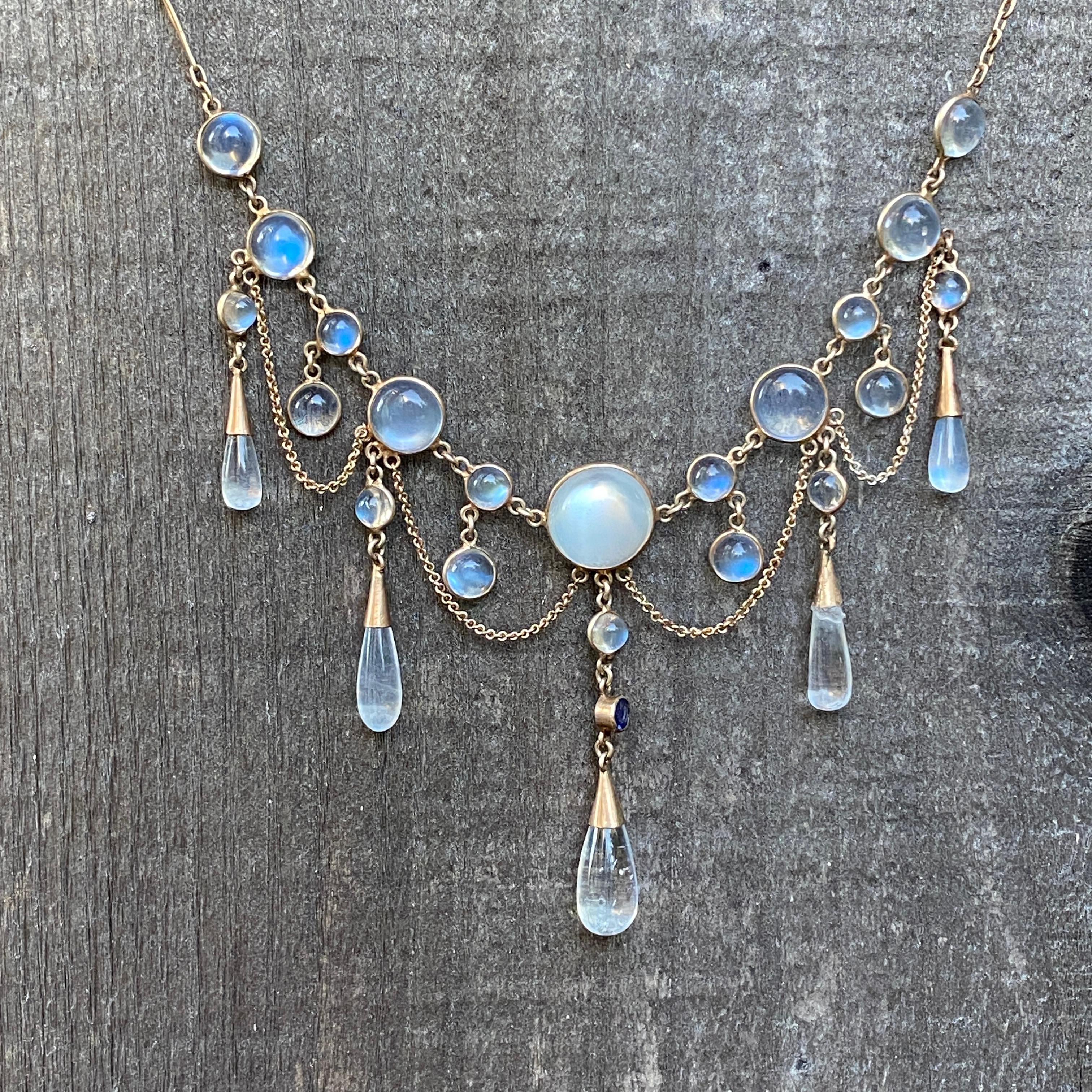 Edwardian Moonstone Sapphire 9K Festoon Necklace 1