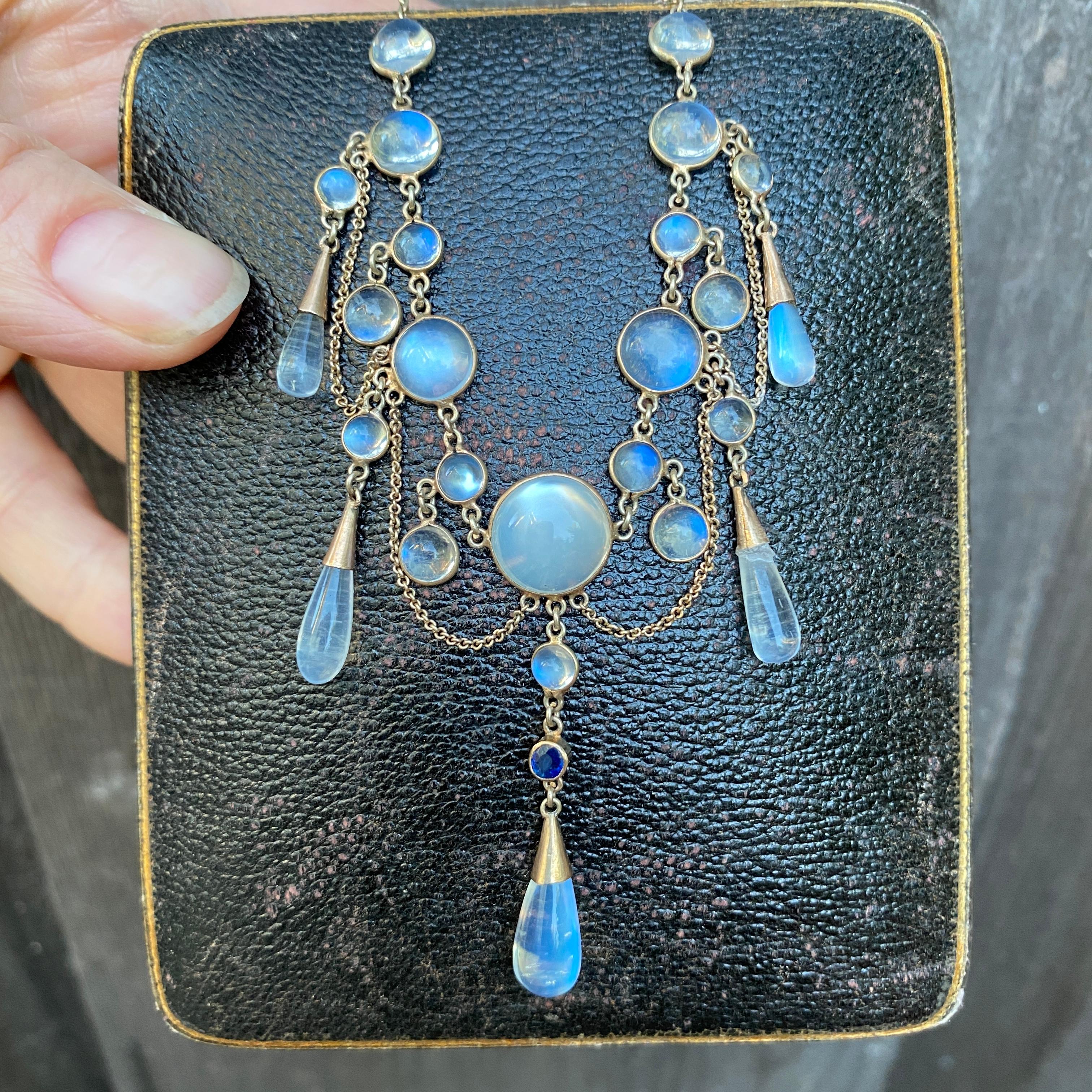 Edwardian Moonstone Sapphire 9K Festoon Necklace In Good Condition In Scotts Valley, CA