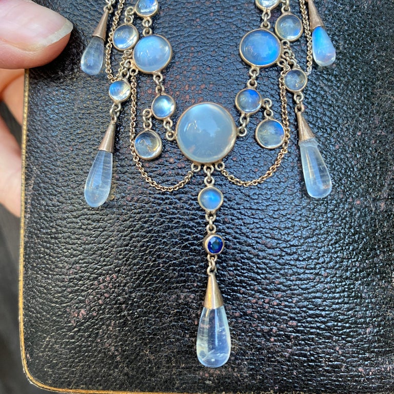 Edwardian Moonstone Sapphire 9K Festoon Necklace at 1stDibs