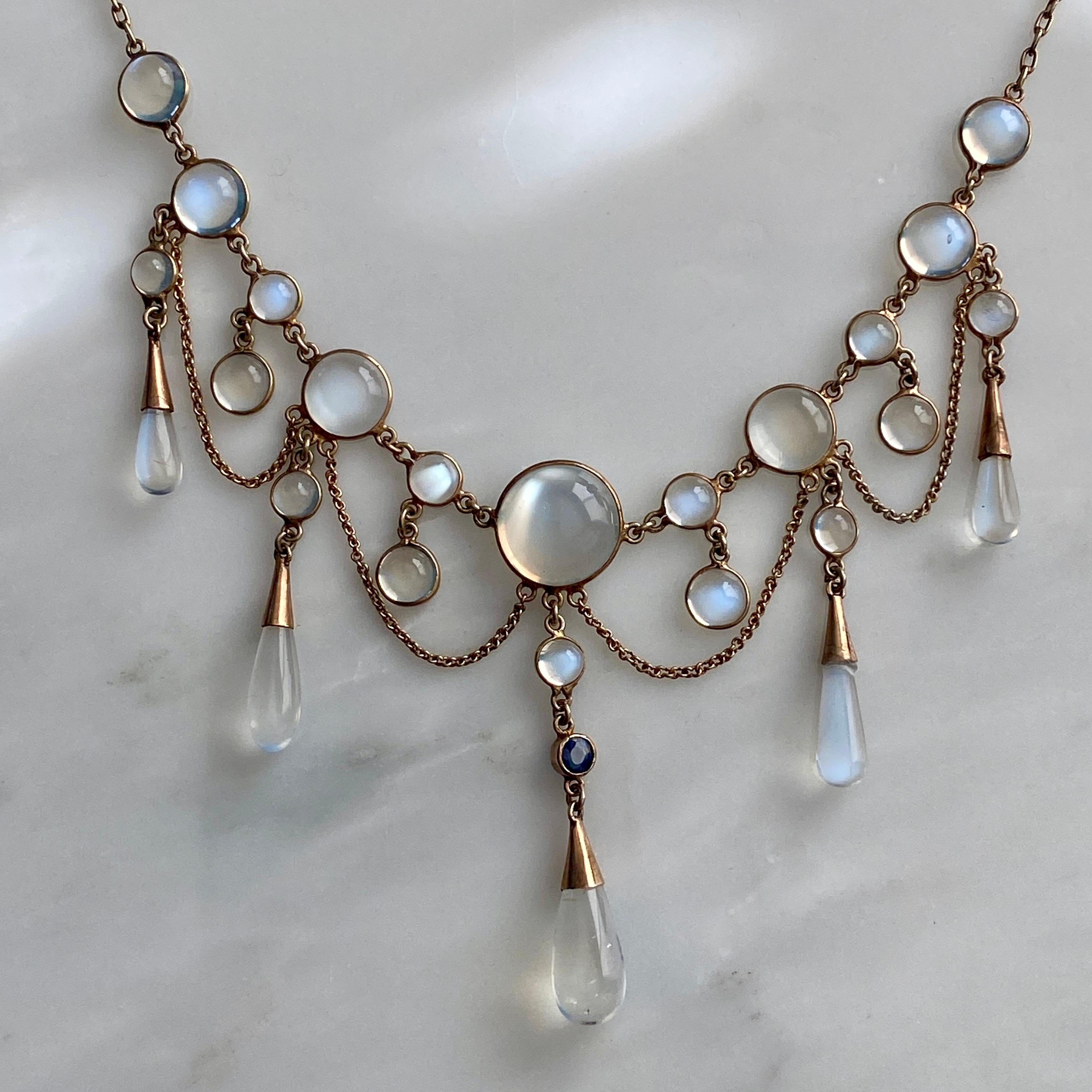 Edwardian Moonstone Sapphire 9K Festoon Necklace 1