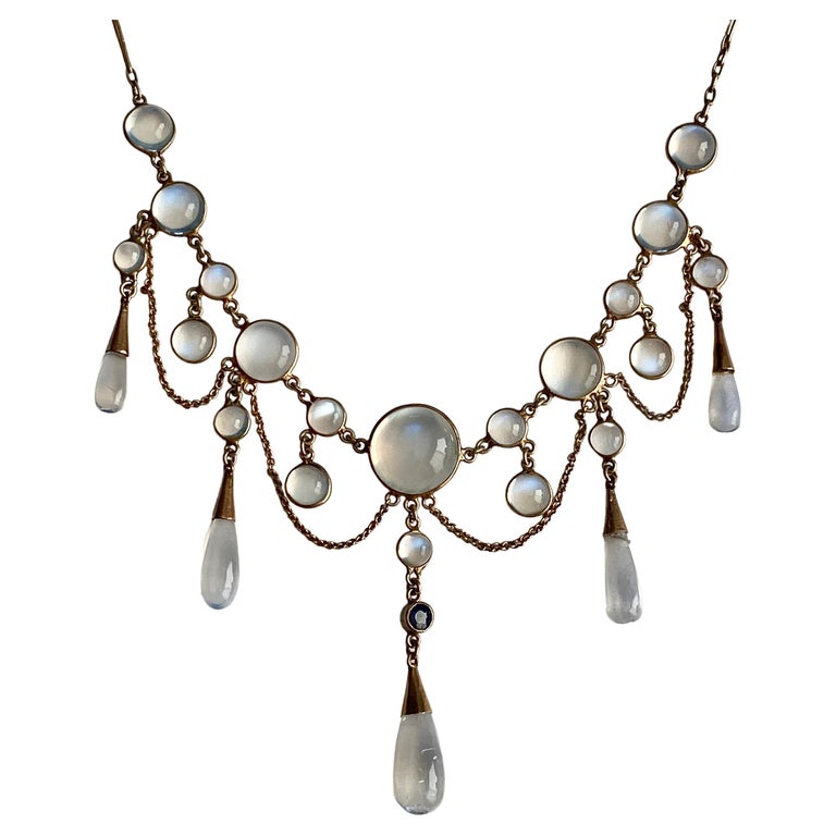 Edwardian Moonstone Sapphire 9K Festoon Necklace at 1stDibs