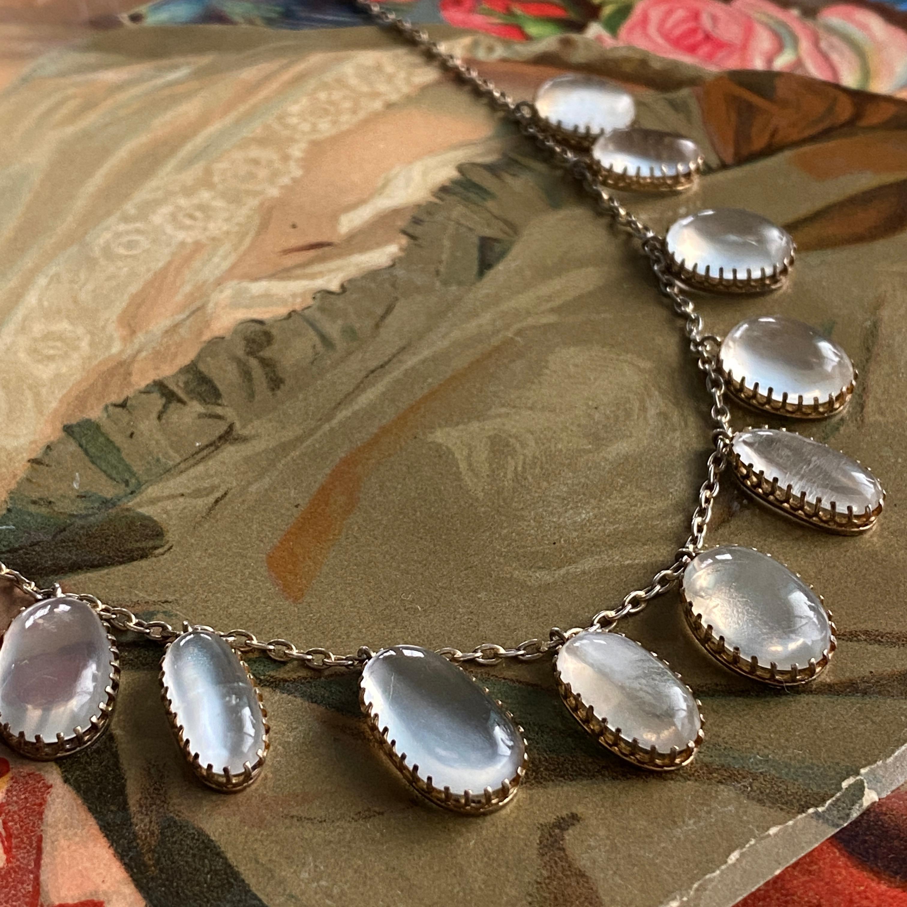 Cabochon Edwardian Moonstone Silver Festoon Necklace For Sale