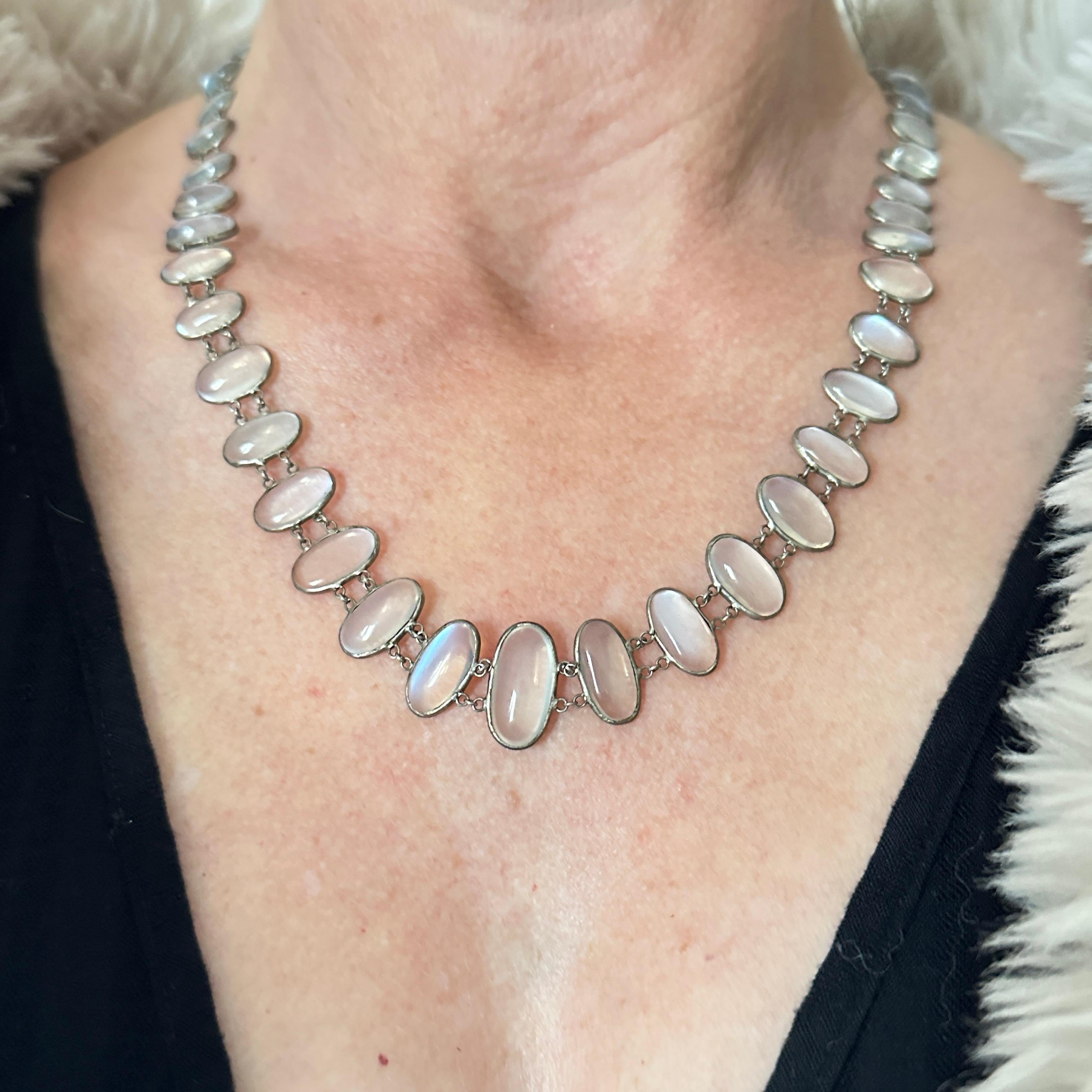 Edwardian Moonstone Silver Festoon Necklace In Good Condition For Sale In Scotts Valley, CA