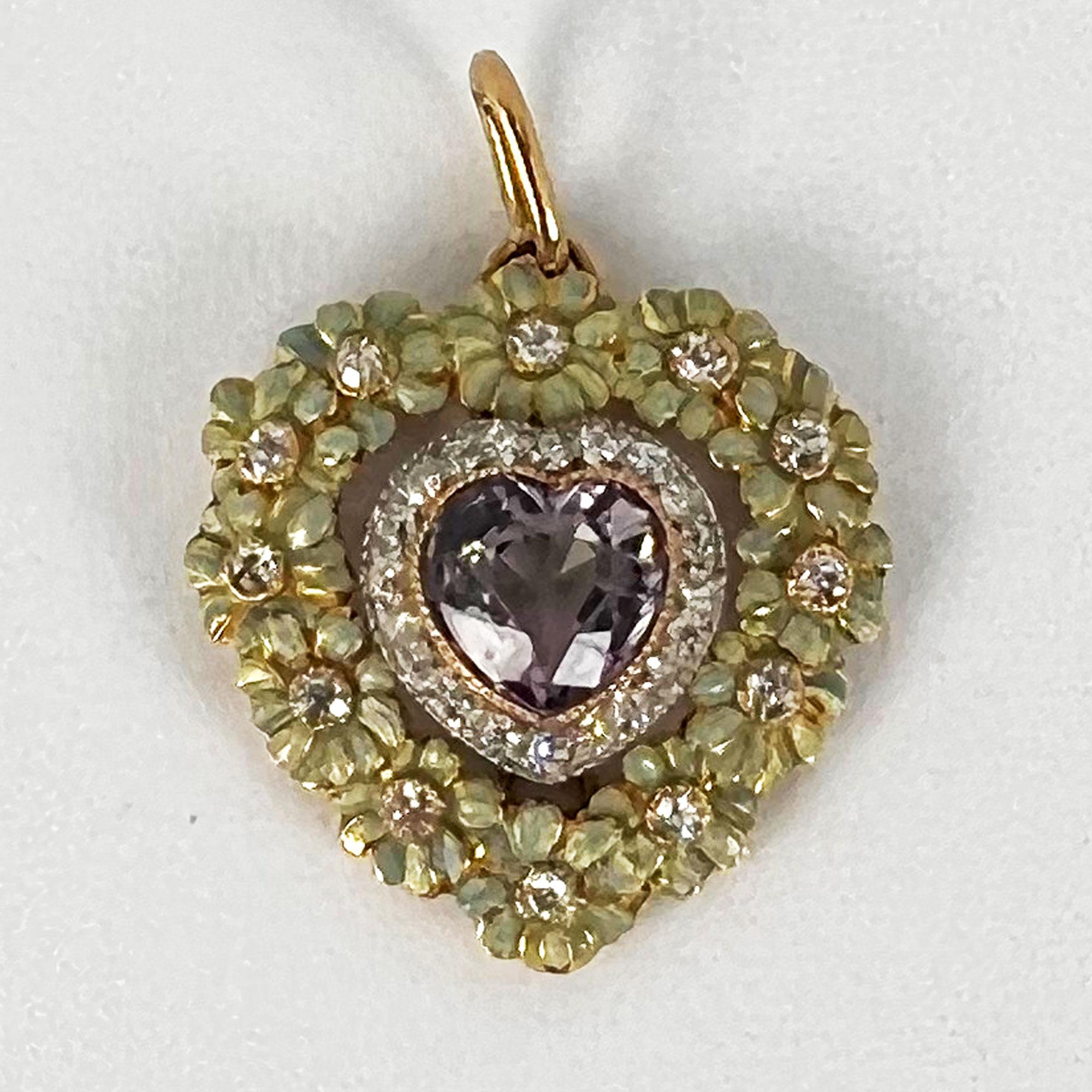 An exquisite platinum topped 18 karat (18K) yellow gold heart-shaped pendant centring a heart-shaped pink morganite weighing approximately 1.70 carats in a single-cut diamond surround, further surrounded by 12 blue-green enamelled flowers with