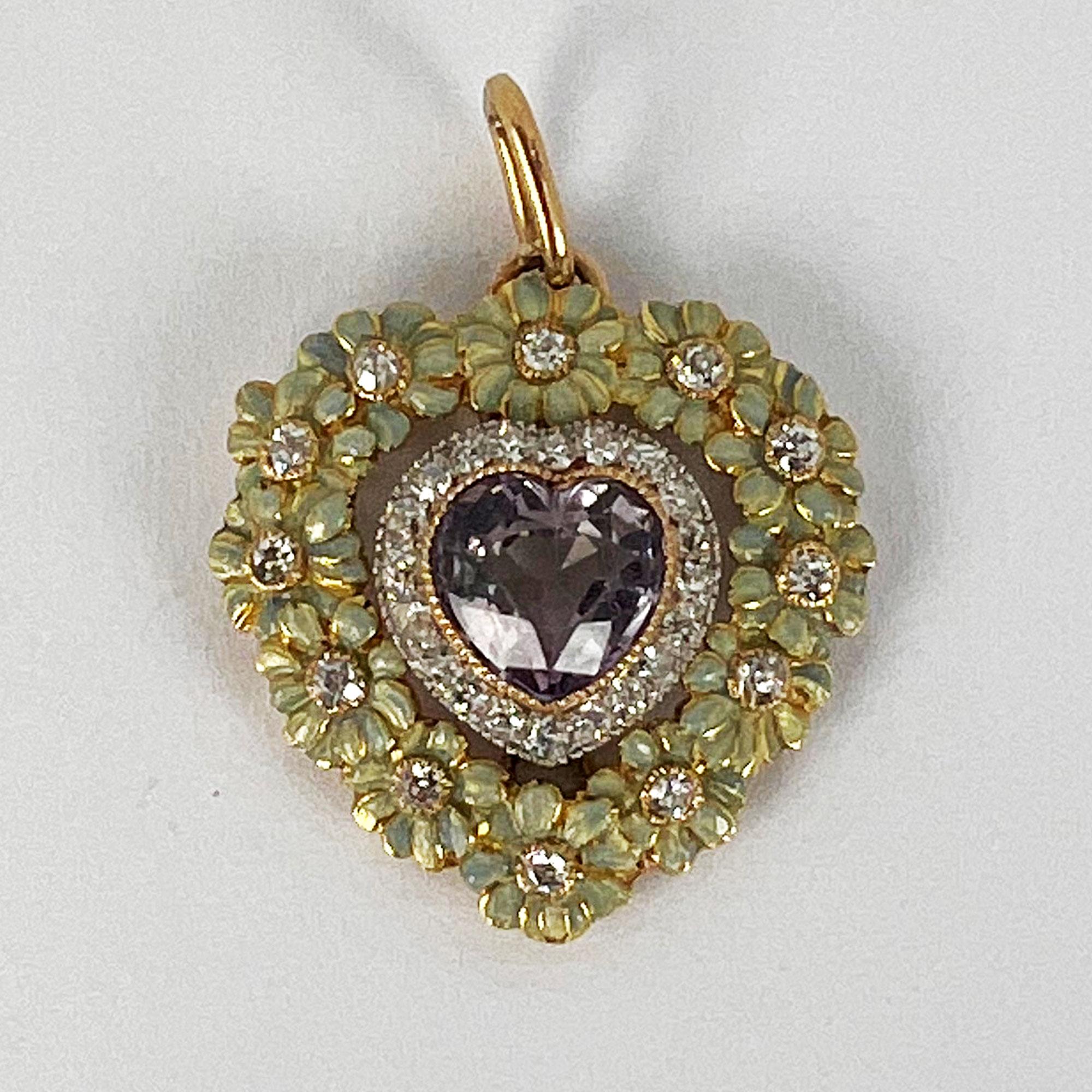 Heart Cut Edwardian Morganite Heart Platinum Gold Diamond Enamel Pendant For Sale