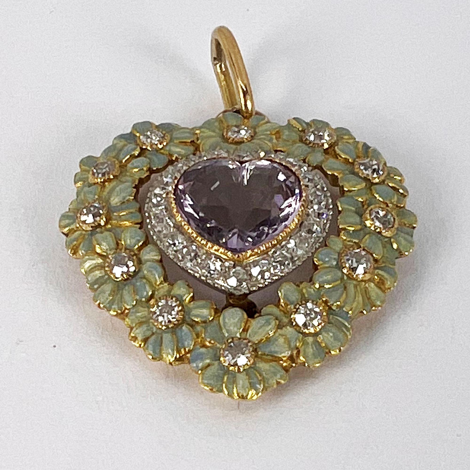 Edwardian Morganite Heart Platinum Gold Diamond Enamel Pendant In Good Condition For Sale In London, GB