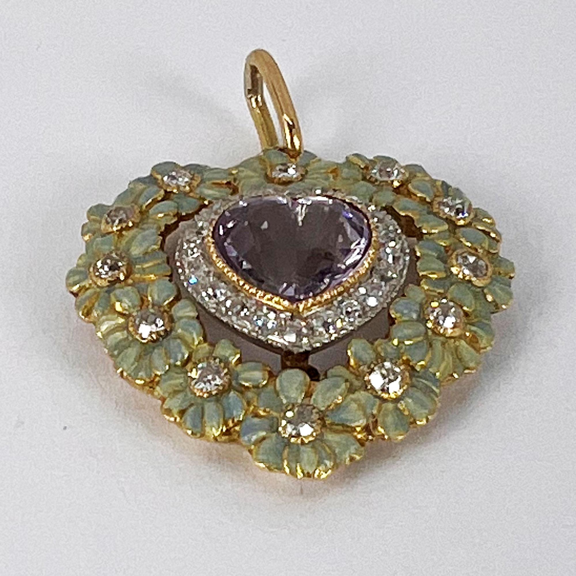 Women's Edwardian Morganite Heart Platinum Gold Diamond Enamel Pendant For Sale