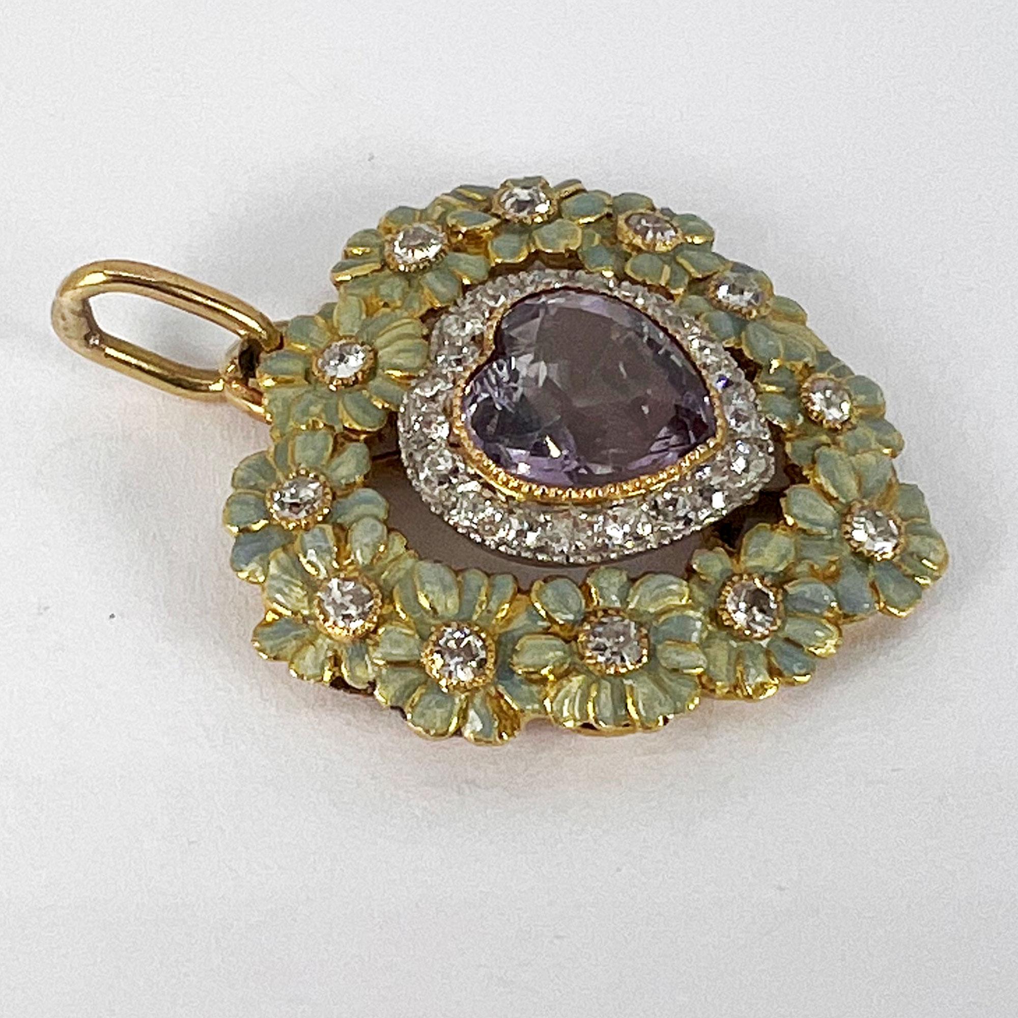 Pendentif édouardien en forme de cœur en or, platine, diamants et émail en vente 2