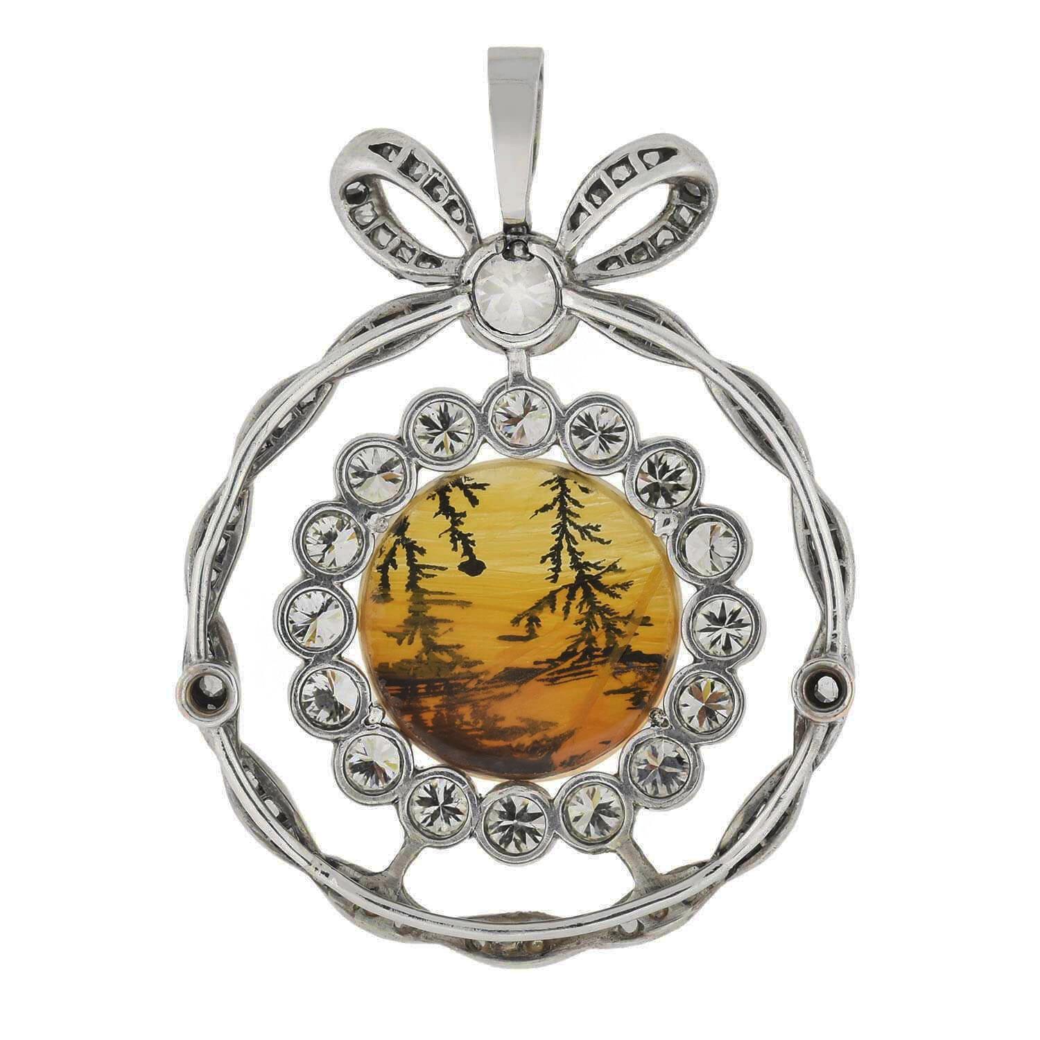 Edwardian Moss Agate and 2.45 Total Carat Diamond Bow Pendant For Sale 2
