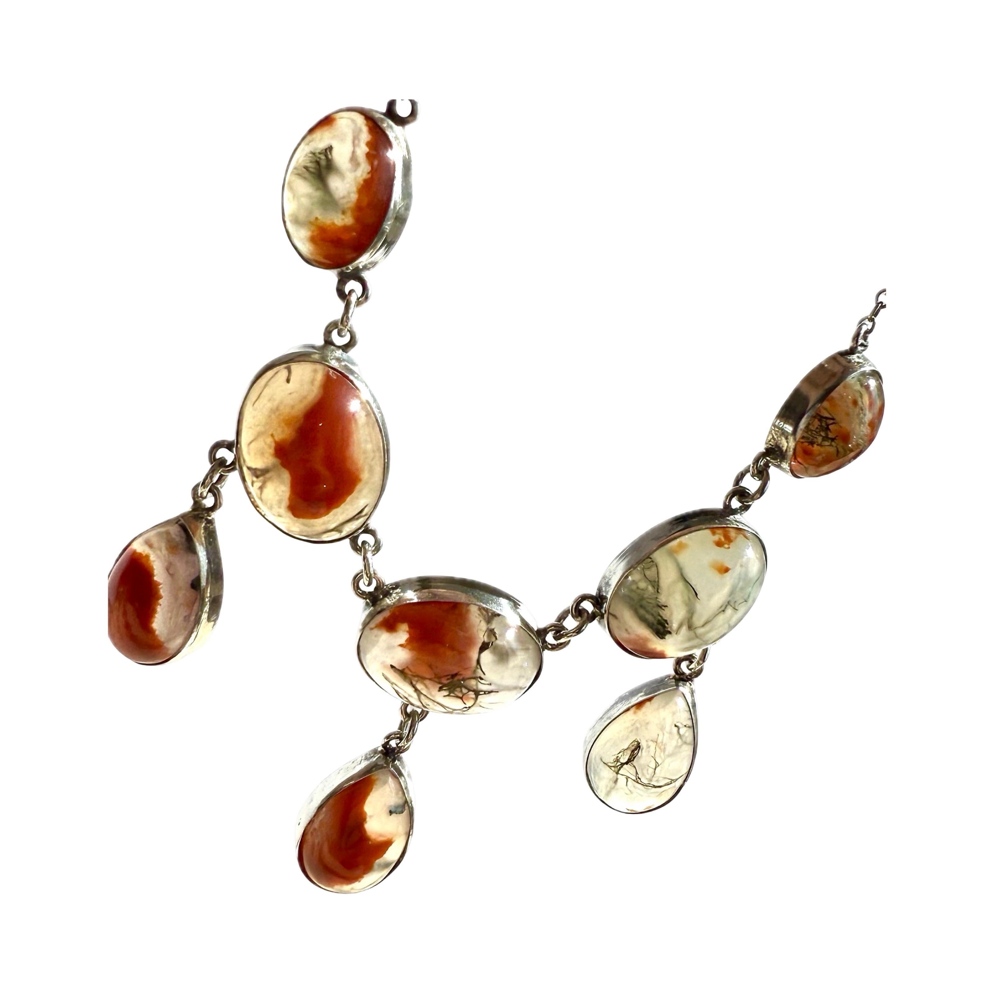 Edwardian moss agate lavaliere 925 sterling silver necklace / lavaliere, antique For Sale 6