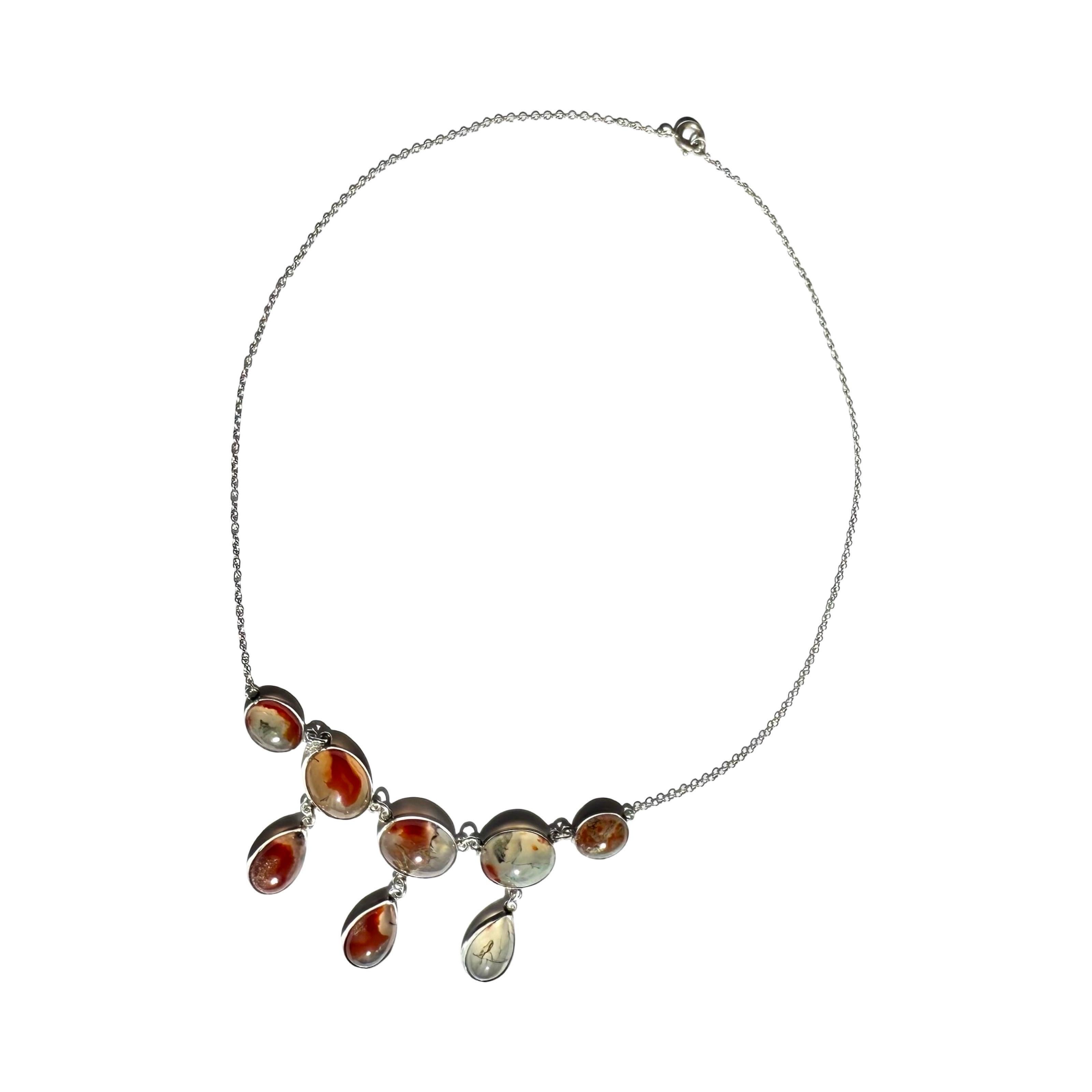 Edwardian moss agate lavaliere 925 sterling silver necklace / lavaliere, antique For Sale 7