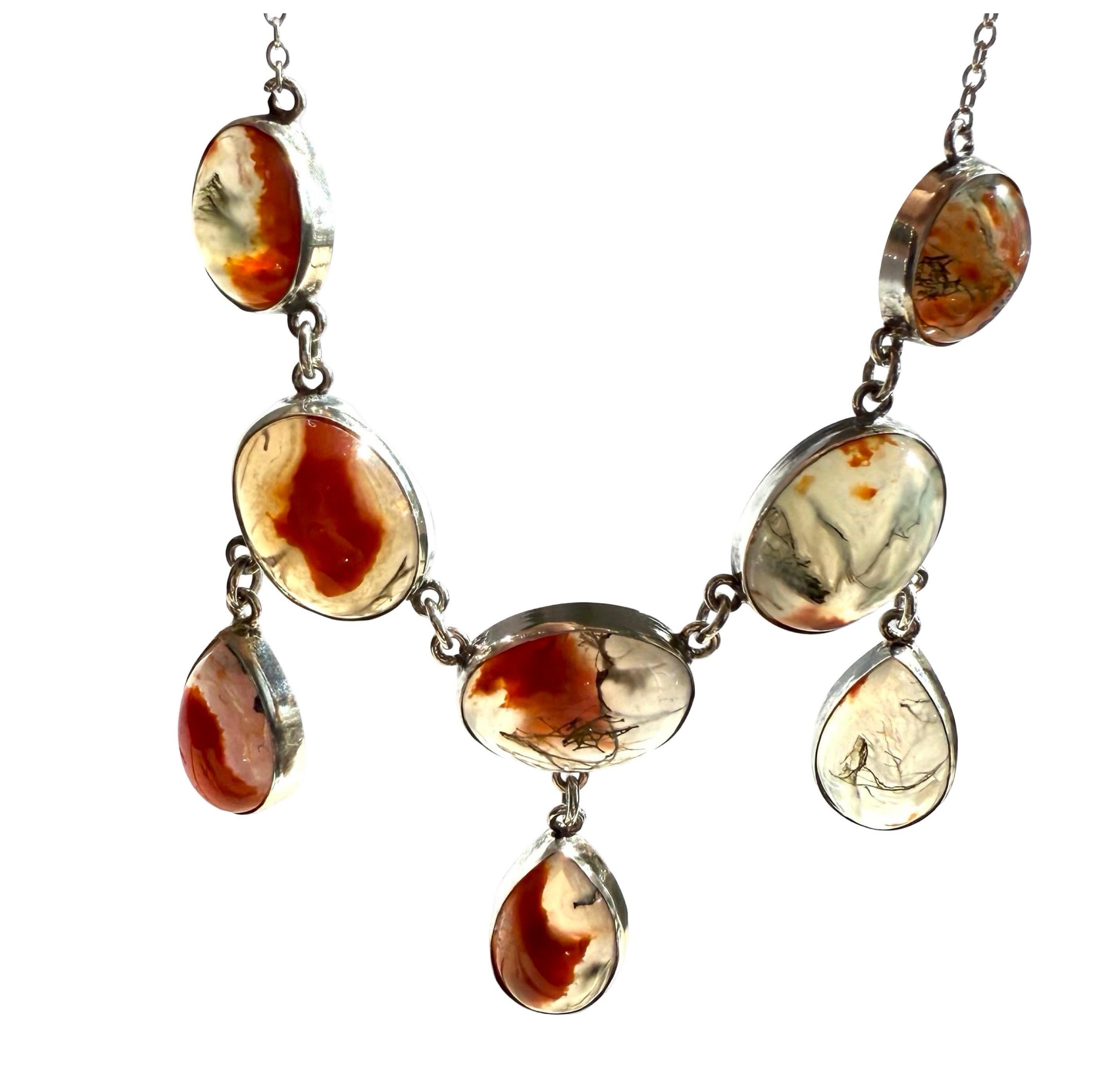 Edwardian moss agate lavaliere 925 sterling silver necklace / lavaliere, antique In Excellent Condition For Sale In Kings Langley, GB