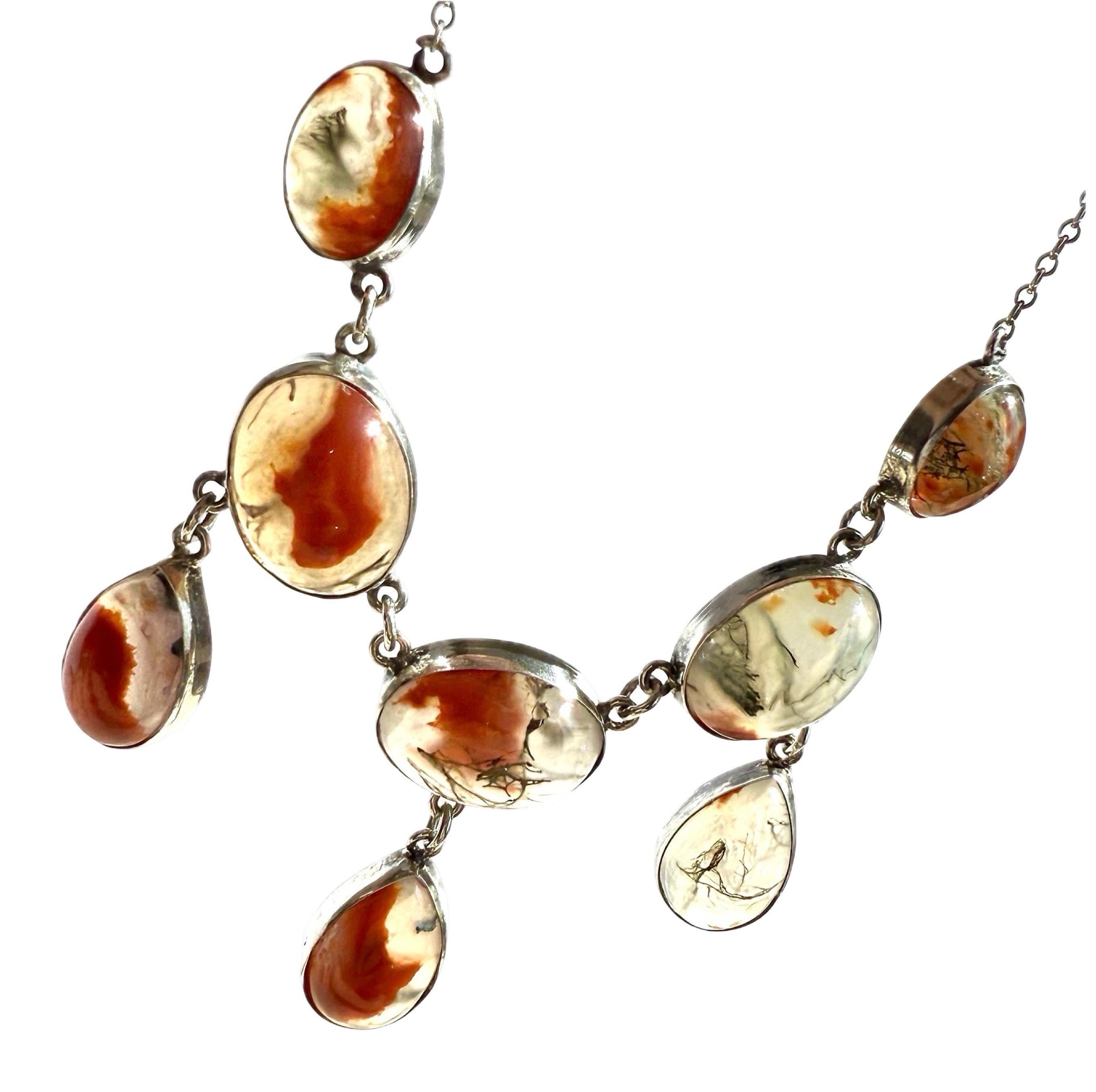 Women's Edwardian moss agate lavaliere 925 sterling silver necklace / lavaliere, antique For Sale