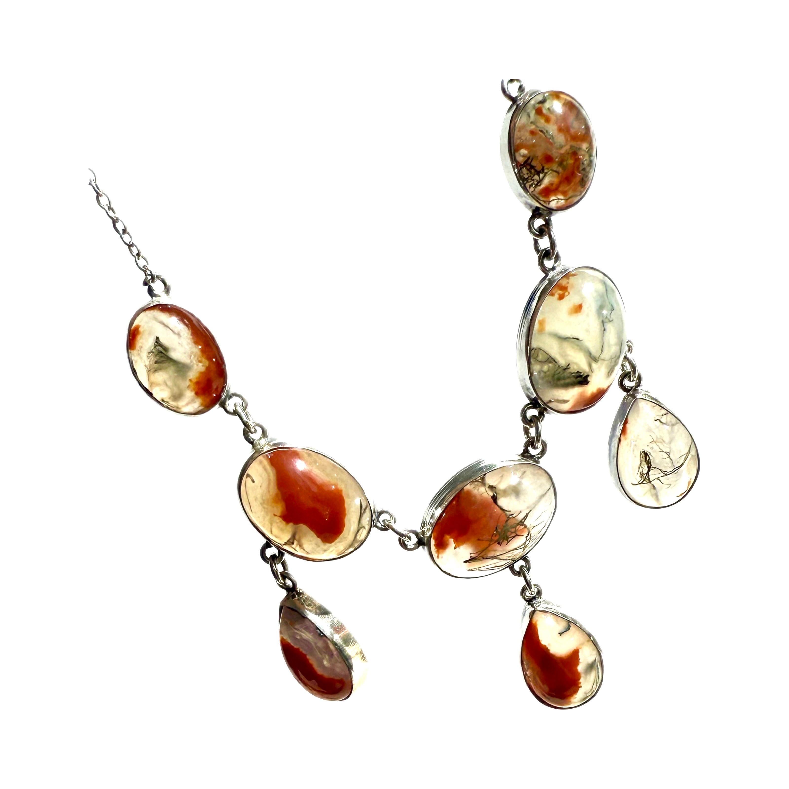 Edwardian moss agate lavaliere 925 sterling silver necklace / lavaliere, antique For Sale 1