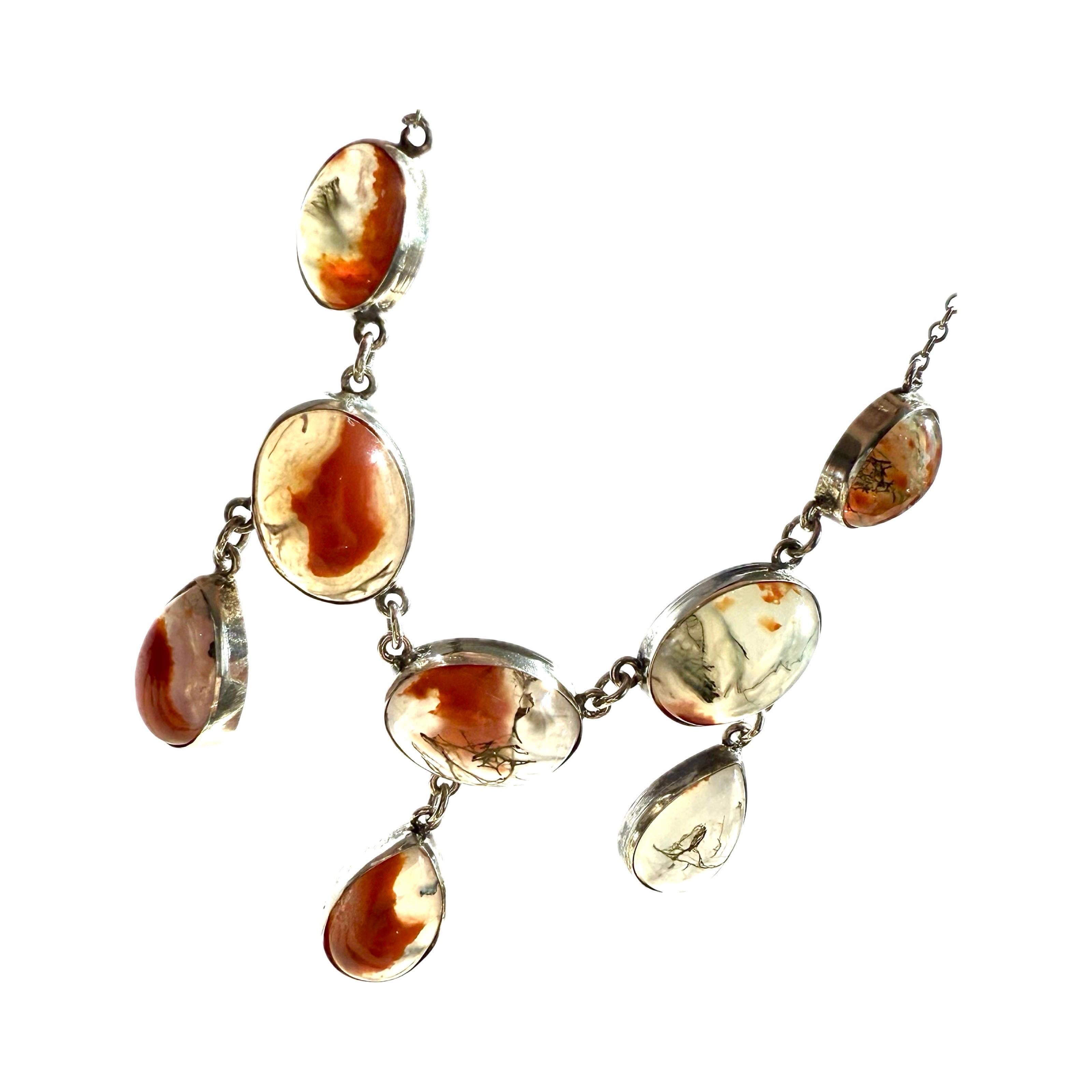Edwardian moss agate lavaliere 925 sterling silver necklace / lavaliere, antique For Sale 2
