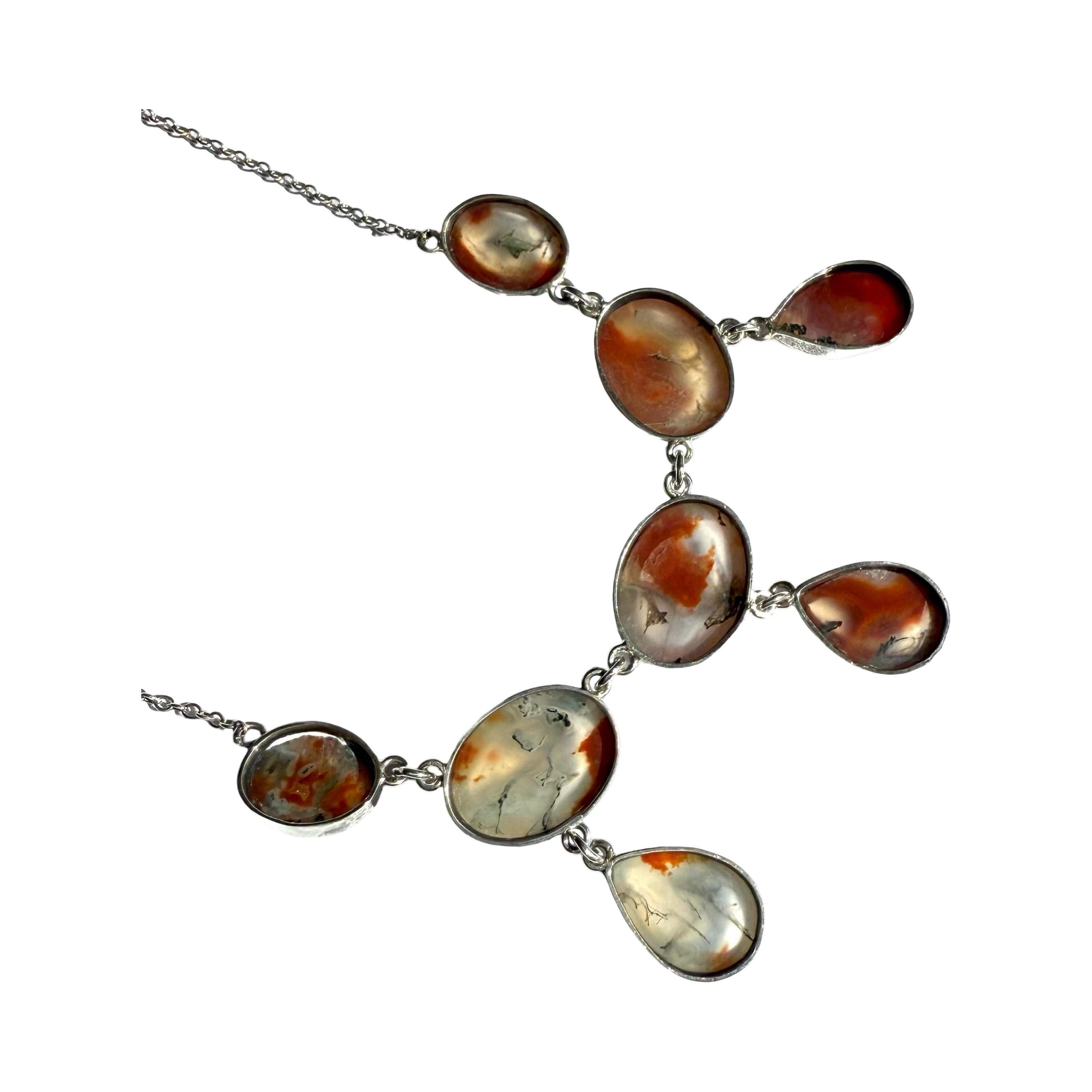 Edwardian moss agate lavaliere 925 sterling silver necklace / lavaliere, antique For Sale 4