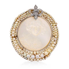 Edwardian mother of pearl and pearl diamond cameo 18k rose gold brooch