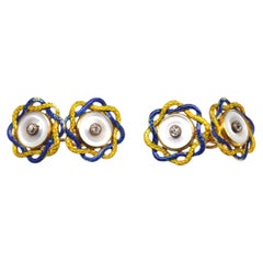 Edwardian Mother of Pearl, Diamond and Yellow and Blue Enamel Cufflinks