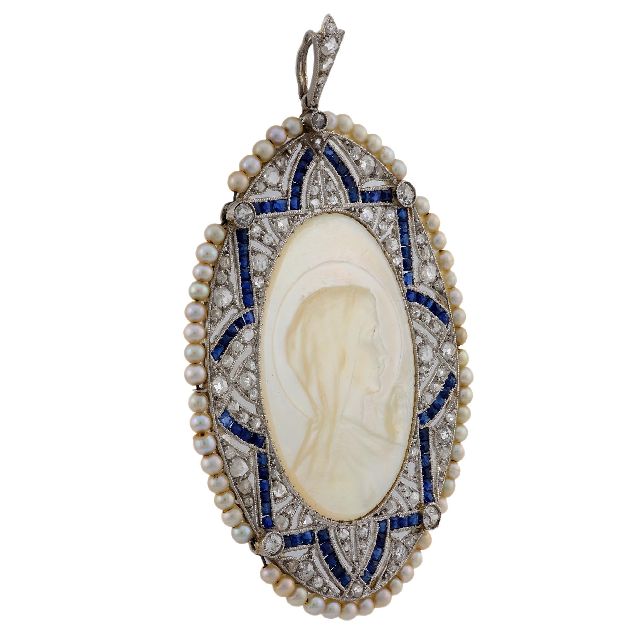Edwardian Perlmutt Saphir Diamant Platin Saint Anhänger (Perle) im Angebot