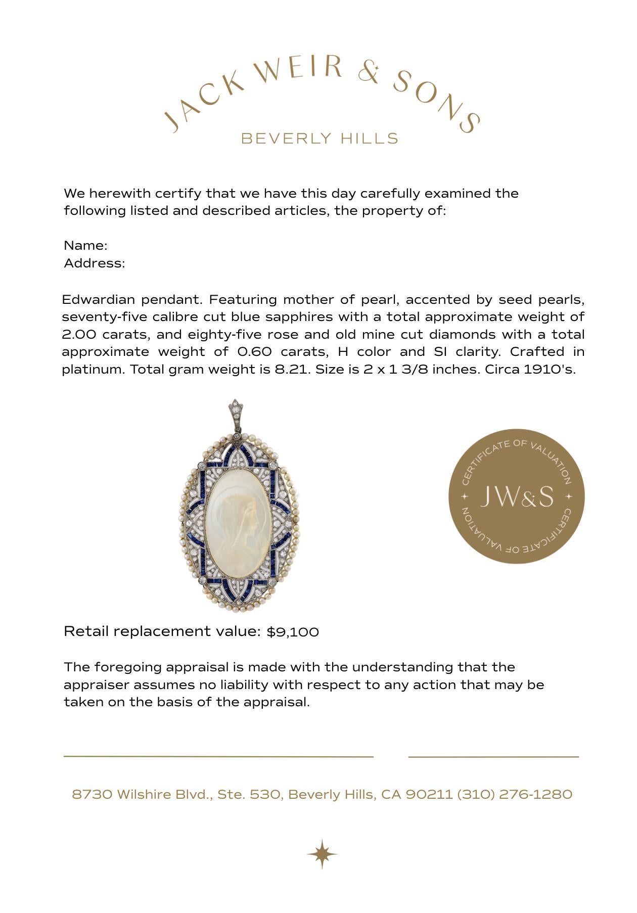Edwardian Perlmutt Saphir Diamant Platin Saint Anhänger Damen im Angebot