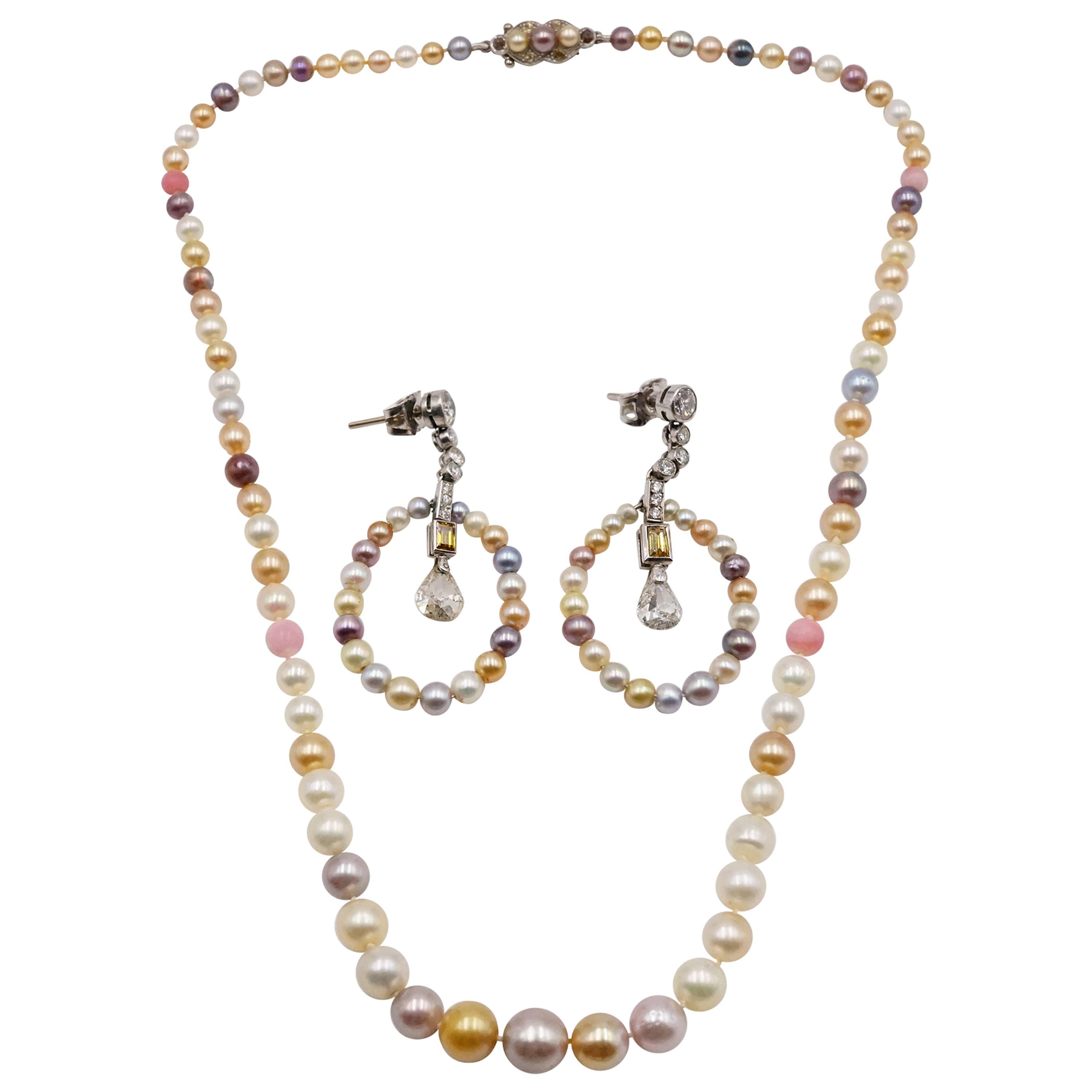 Edwardian Multicolored Natural Pearl, Colored Diamond Necklace Earring Set