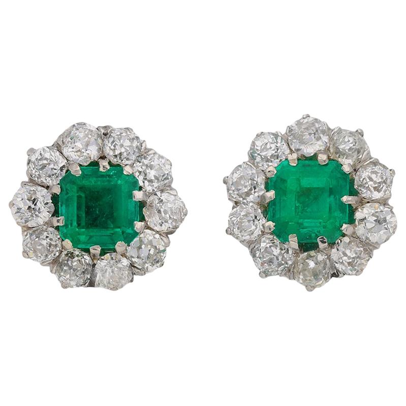 Edwardian Natural Colombian Emerald and Diamond Cluster Earrings, circa 1910