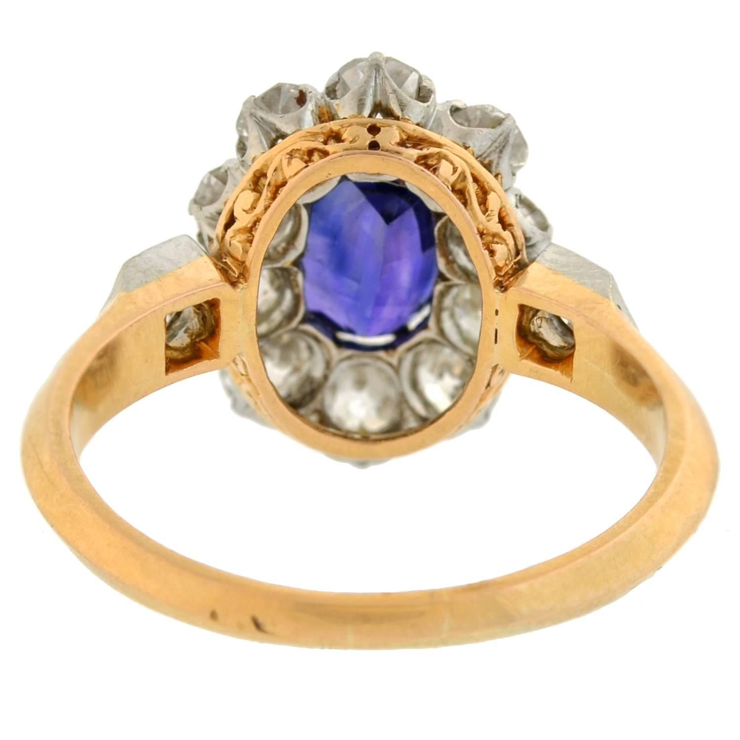 Edwardian Natural Color Changing Sapphire Diamond Ring with French Hallmarks In Excellent Condition In Narberth, PA