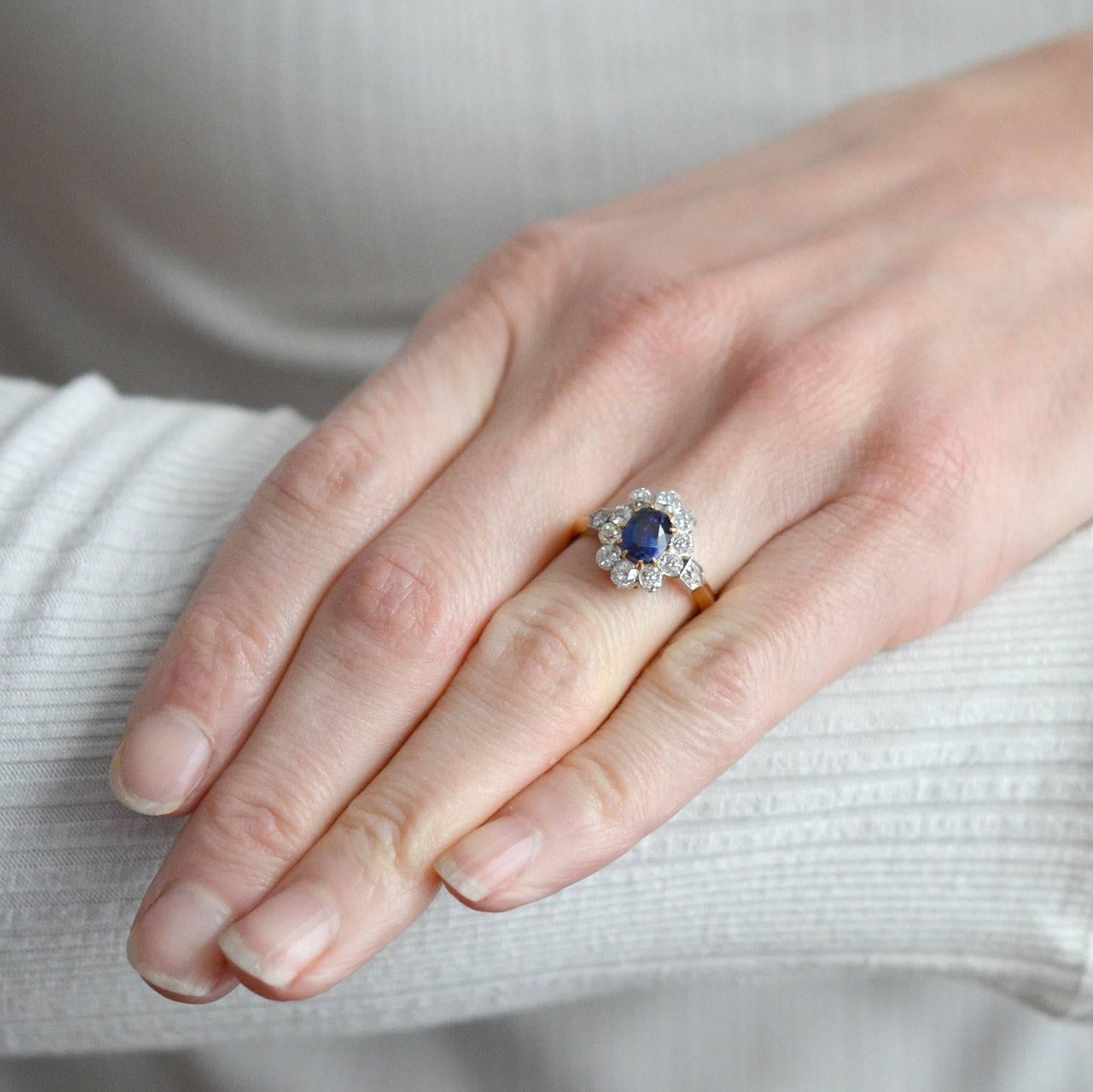 Edwardian Natural Color Changing Sapphire Diamond Ring with French Hallmarks 1