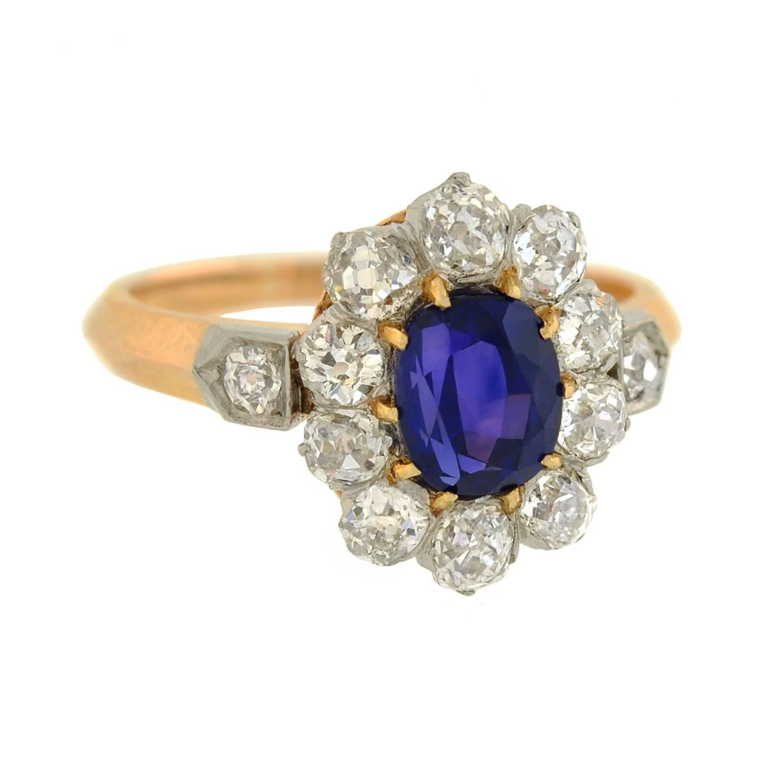 Edwardian Natural Color Changing Sapphire Diamond Ring with French Hallmarks