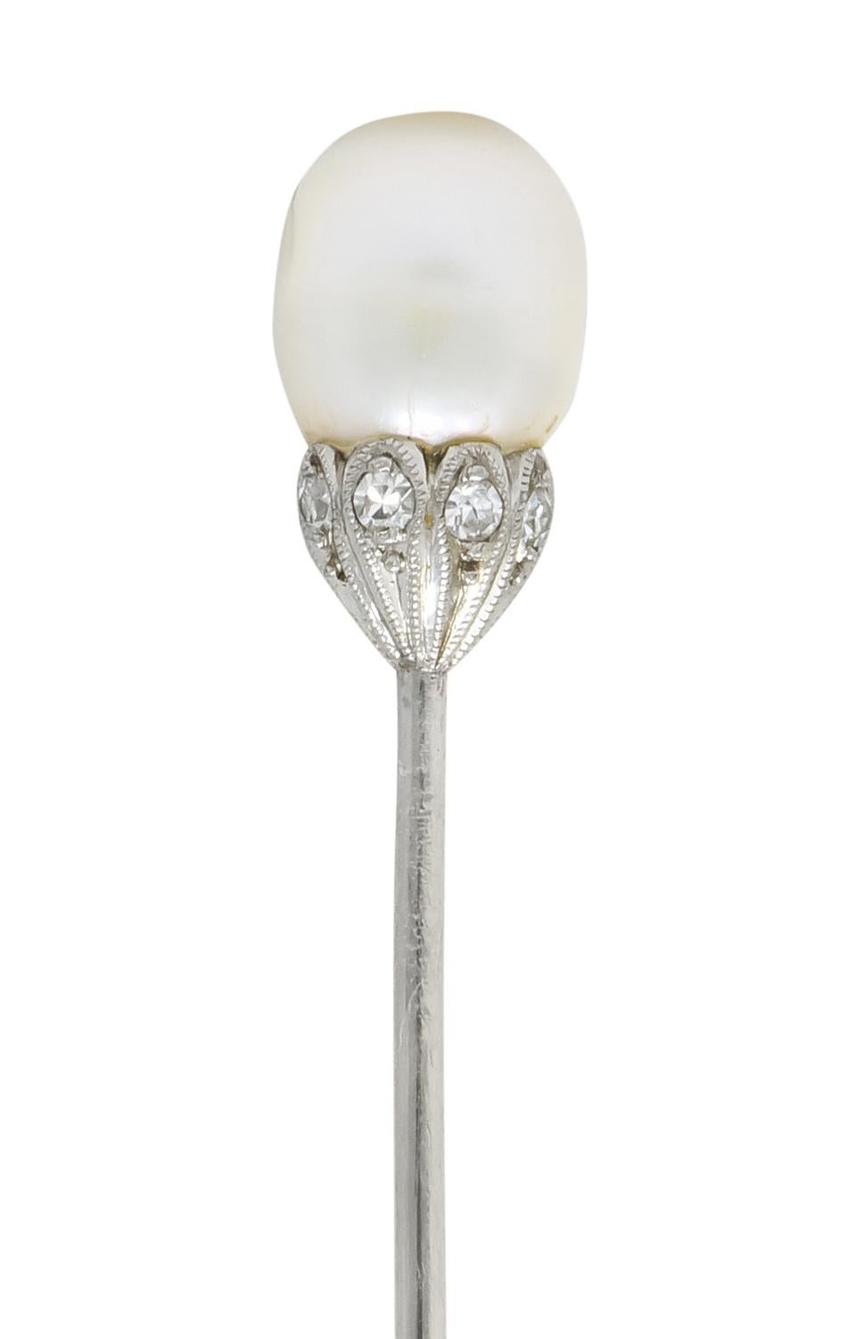 Edwardian Natural Freshwater Pearl Diamond Platinum Stickpin GIA In Excellent Condition In Philadelphia, PA