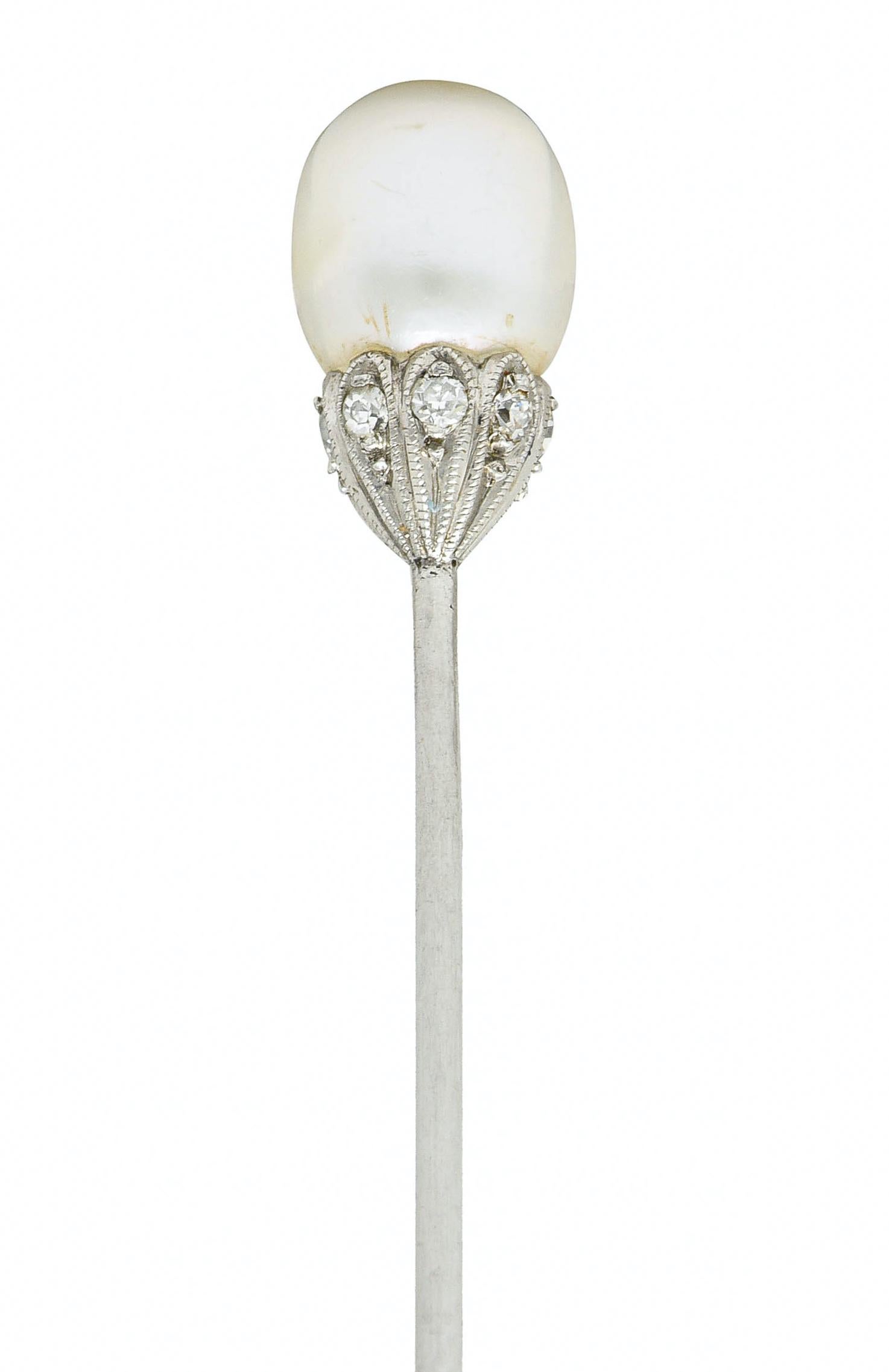 Single Cut Edwardian Natural Freshwater Pearl Diamond Platinum Stickpin GIA For Sale