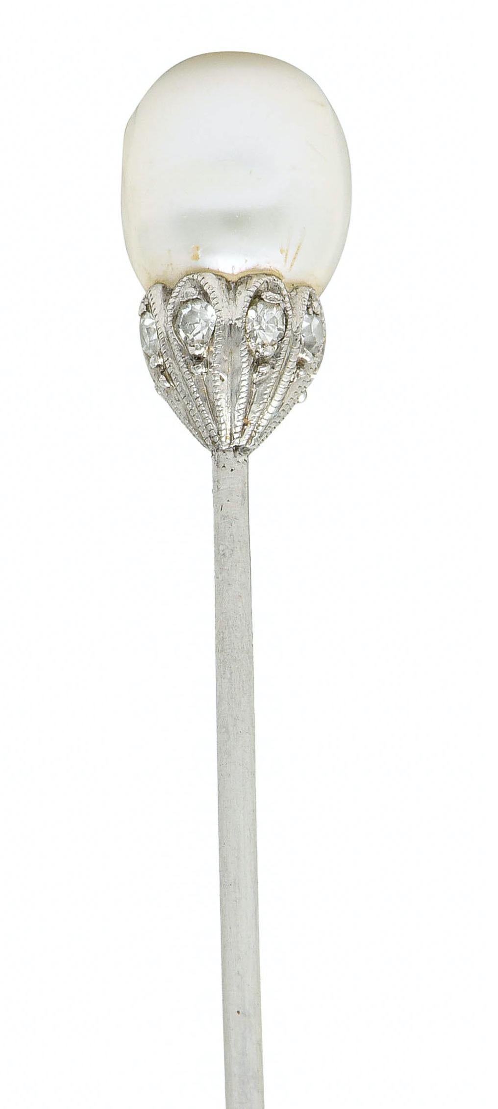 Edwardian Natural Freshwater Pearl Diamond Platinum Stickpin GIA In Excellent Condition For Sale In Philadelphia, PA