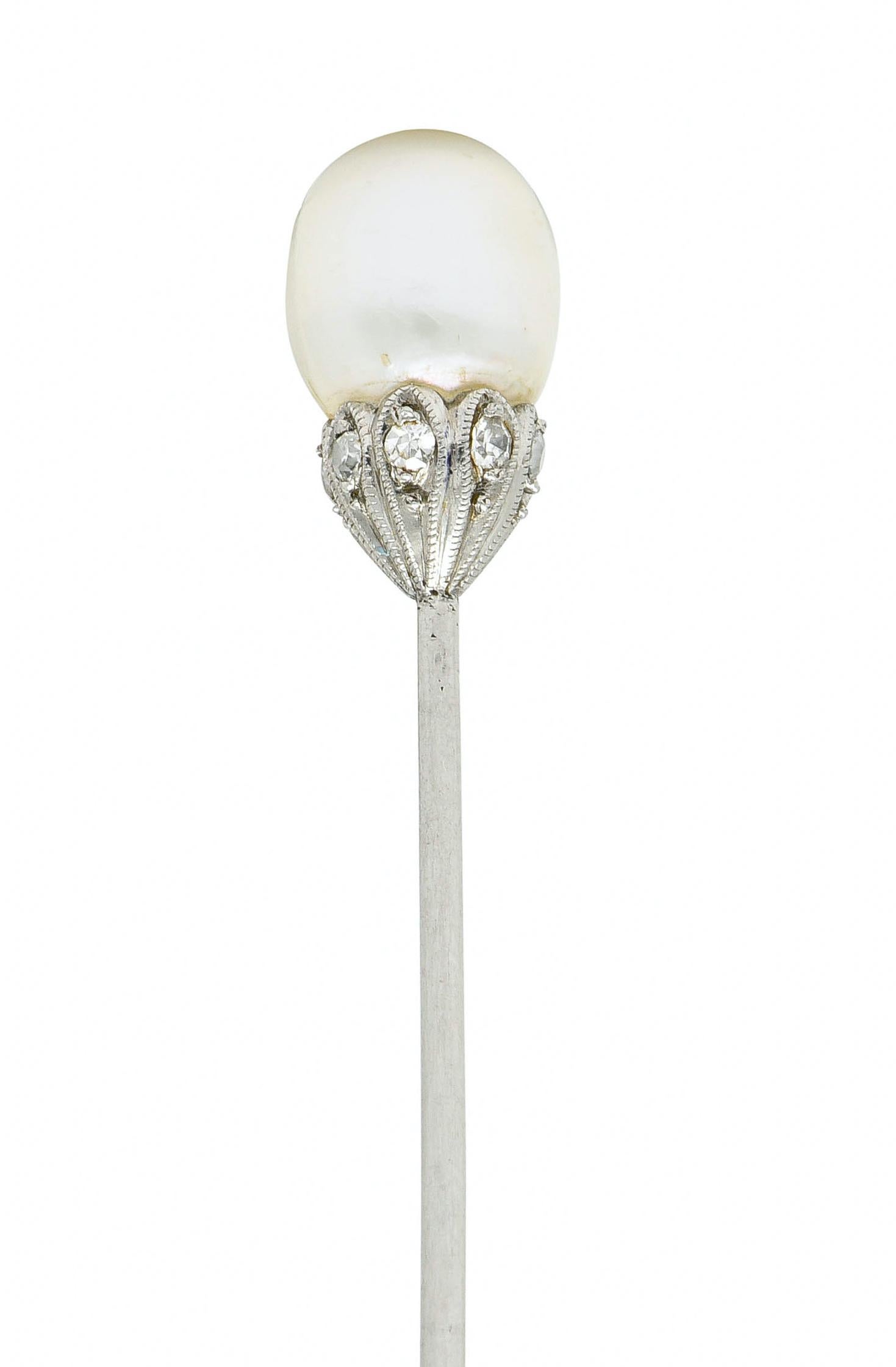 Women's or Men's Edwardian Natural Freshwater Pearl Diamond Platinum Stickpin GIA For Sale