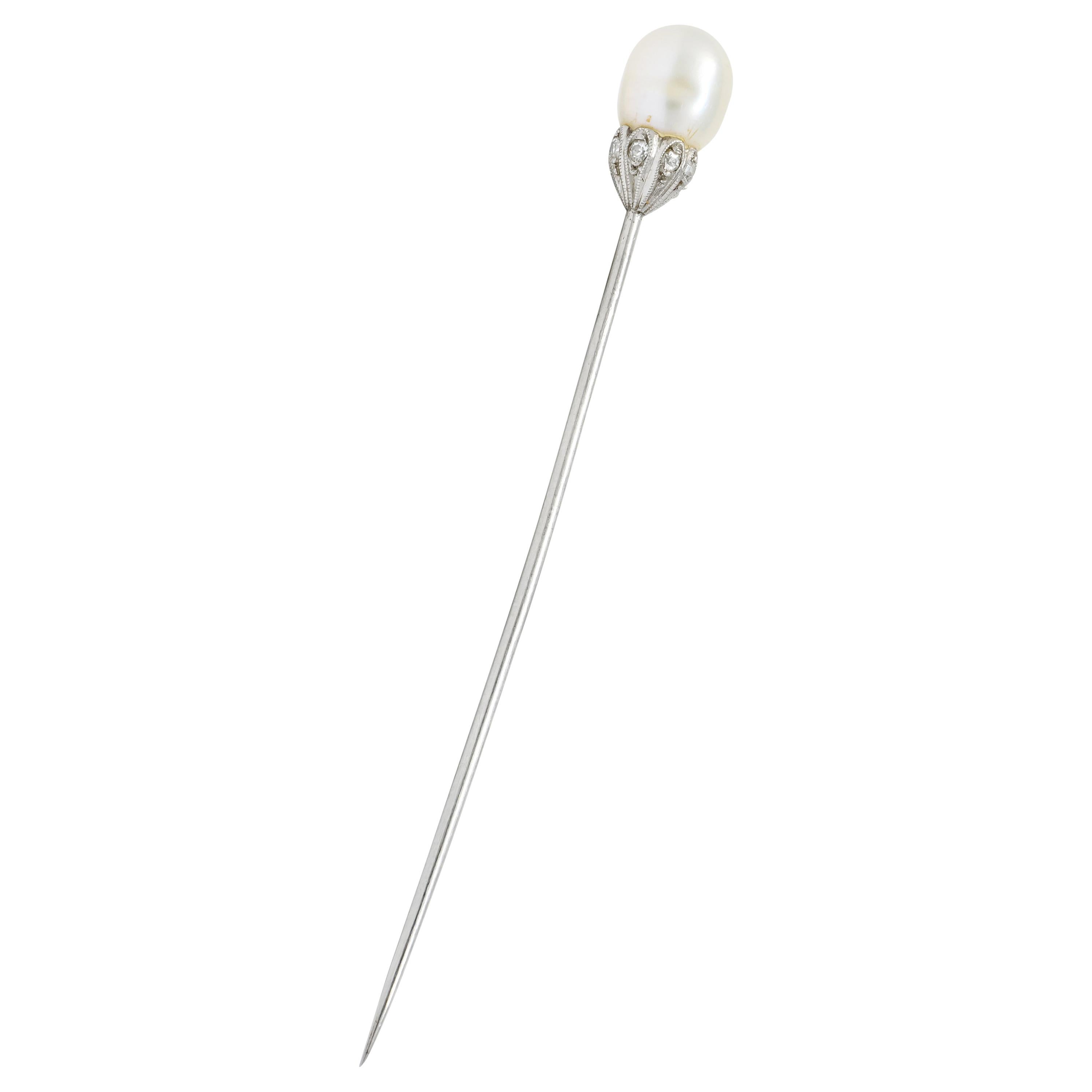 Edwardian Natural Freshwater Pearl Diamond Platinum Stickpin GIA