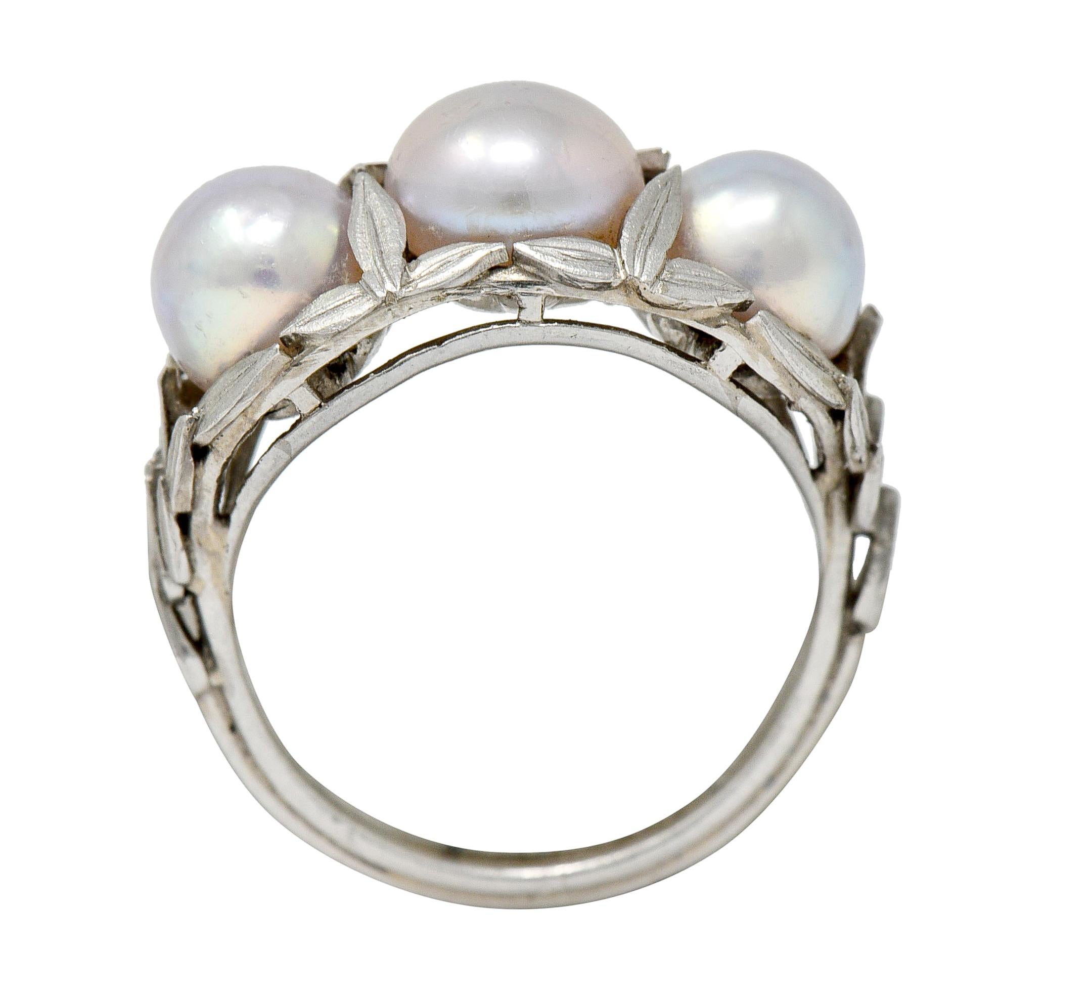 Edwardian Natural Freshwater Pearl Platinum Laurel Band Ring GIA In Excellent Condition In Philadelphia, PA