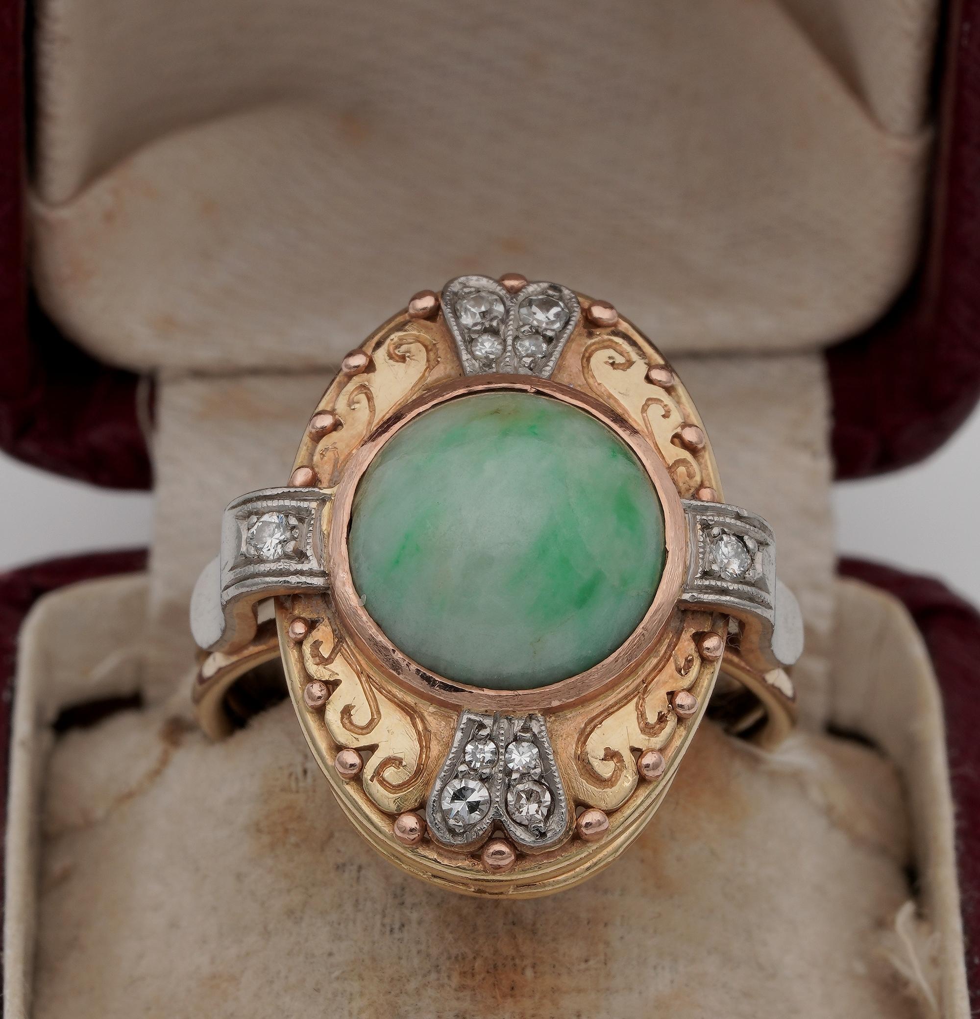 Jade Heirloom

This exquisite jade ring is a distinctive Edwardian example
Hand crafted of solid 14 KT gold (marked) with Platinum accent
The ring has a charming oval panel centrally set with a round cabochon of natural Jade of beautiful green