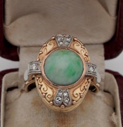 Edwardian Natural Jade and Diamond Panel Ring