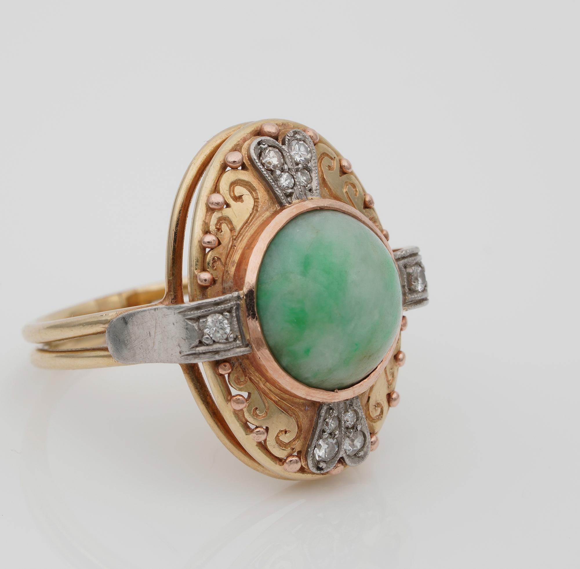 Edwardian Natural Jade and Diamond Panel Ring In Good Condition For Sale In Napoli, IT