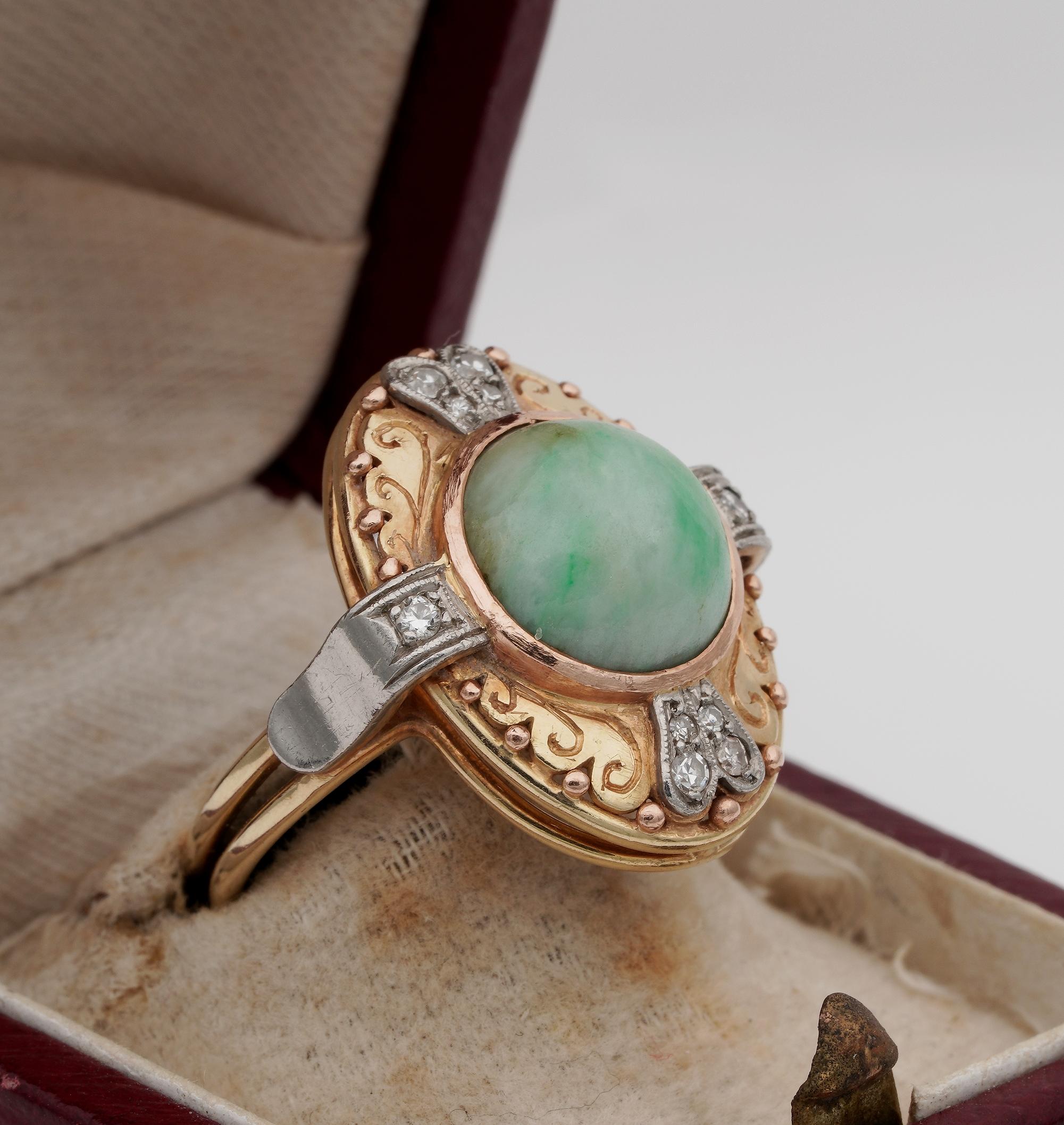 Women's Edwardian Natural Jade and Diamond Panel Ring For Sale