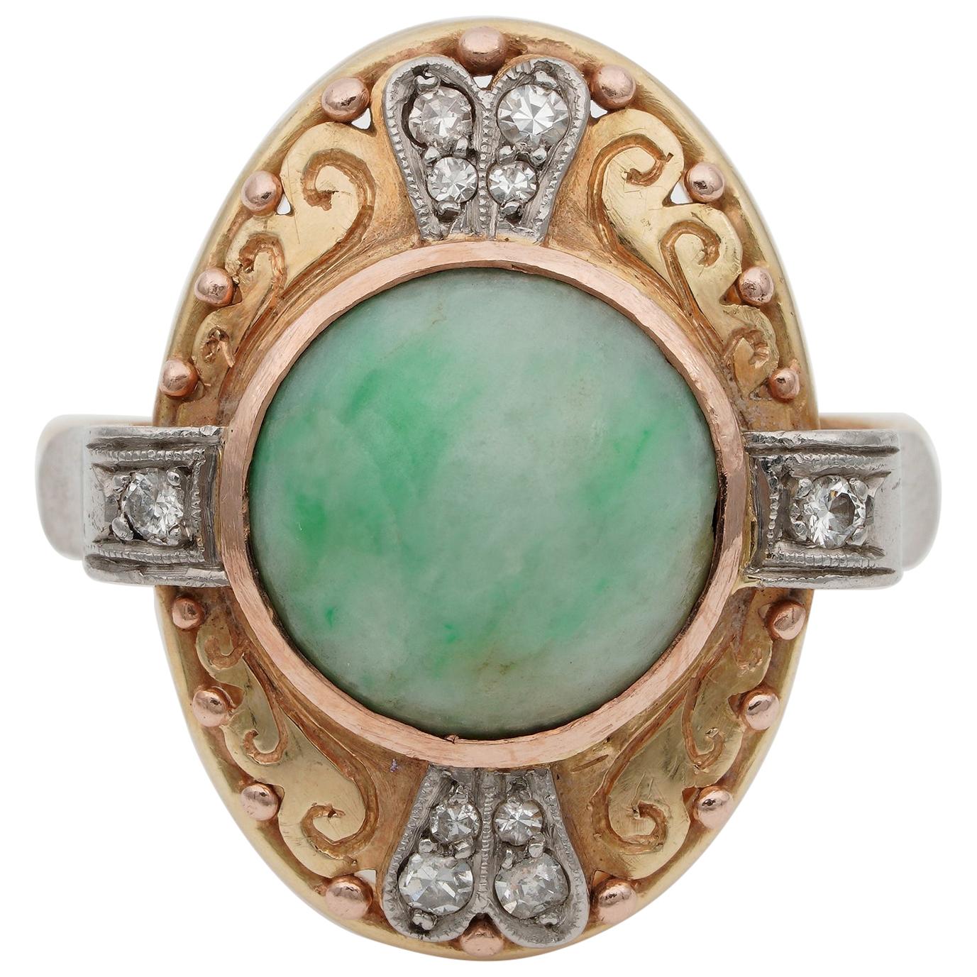 Edwardian Natural Jade and Diamond Panel Ring For Sale