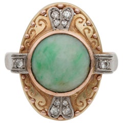 Edwardian Natural Jade and Diamond Panel Ring
