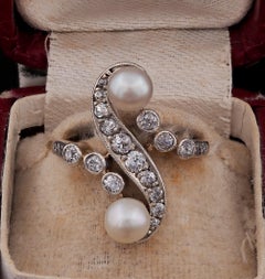 Edwardian Natural Pearl .85 Ct Mine Cut Diamond Rare ring