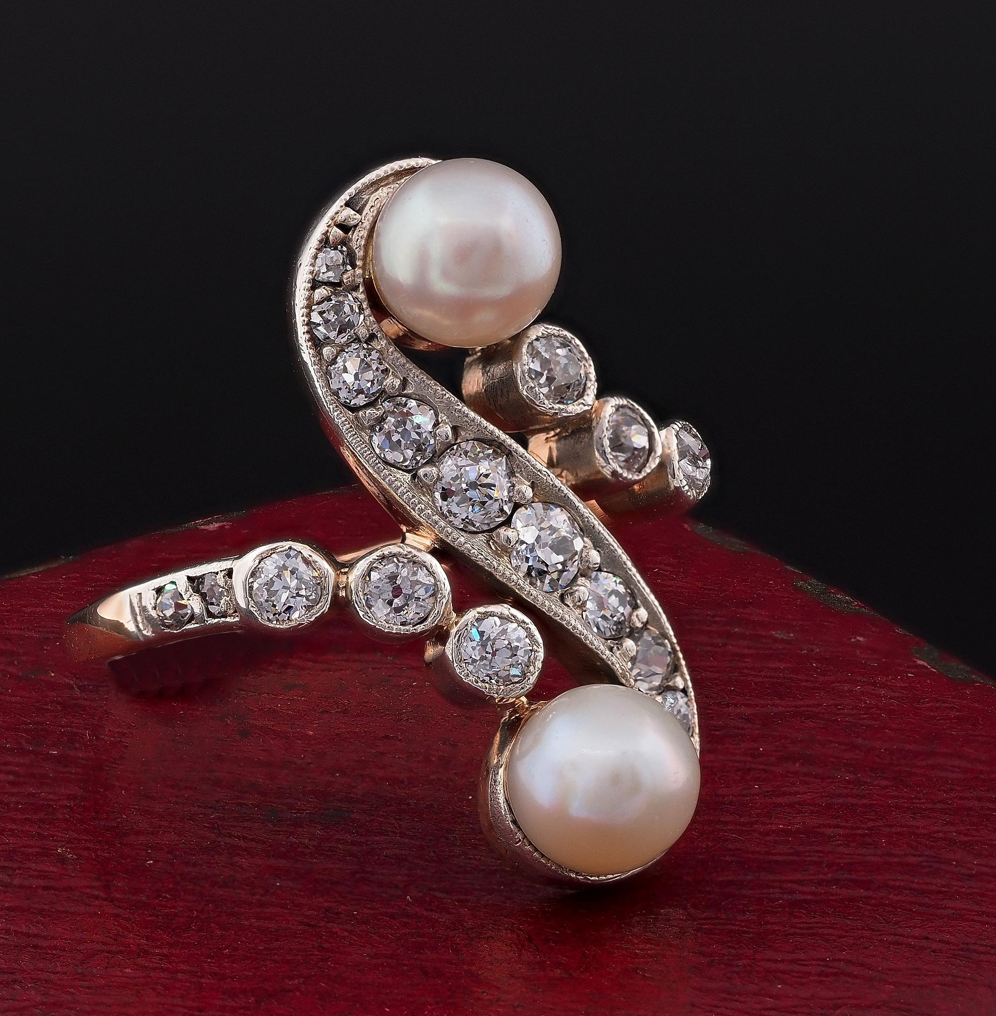 Old Mine Cut Edwardian Natural Pearl .85 Ct Mine Cut Diamond Rare ring For Sale