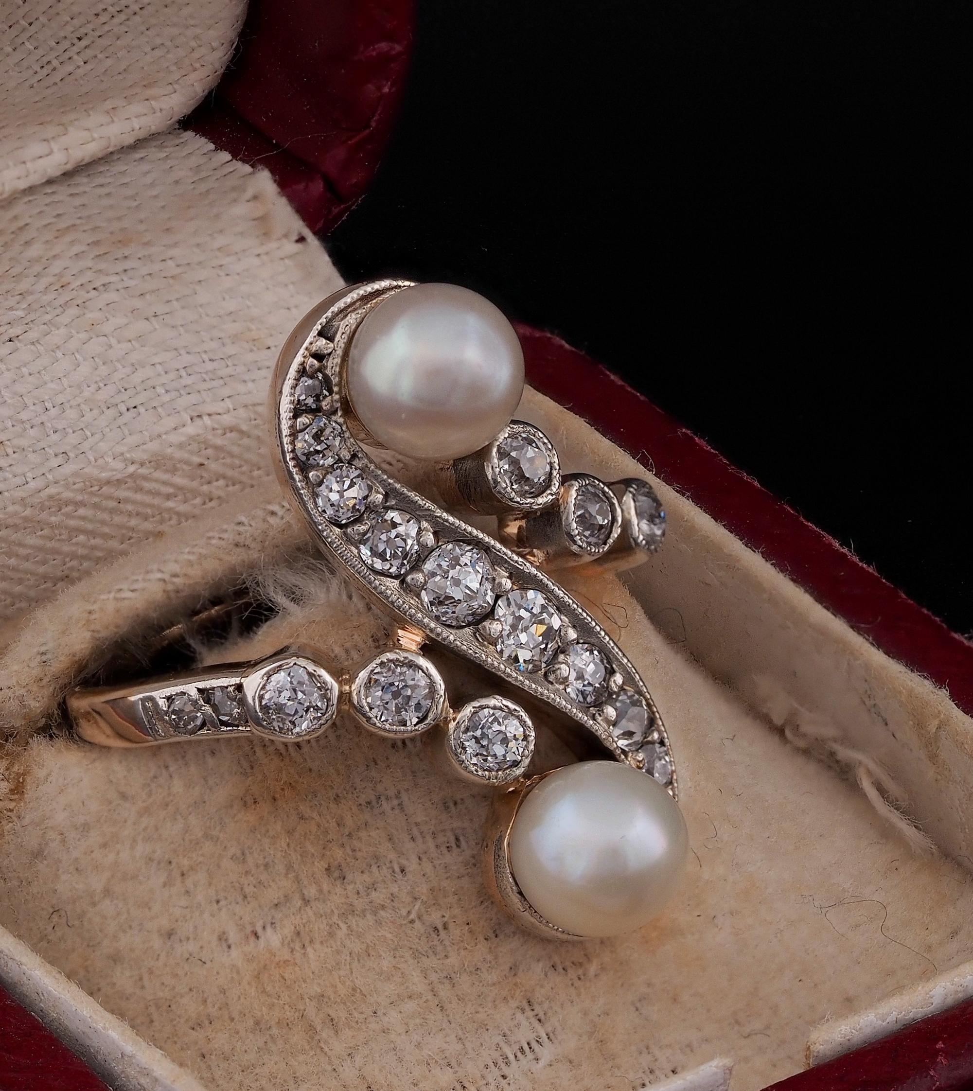 Edwardian Natural Pearl .85 Ct Mine Cut Diamond Rare ring In Good Condition For Sale In Napoli, IT