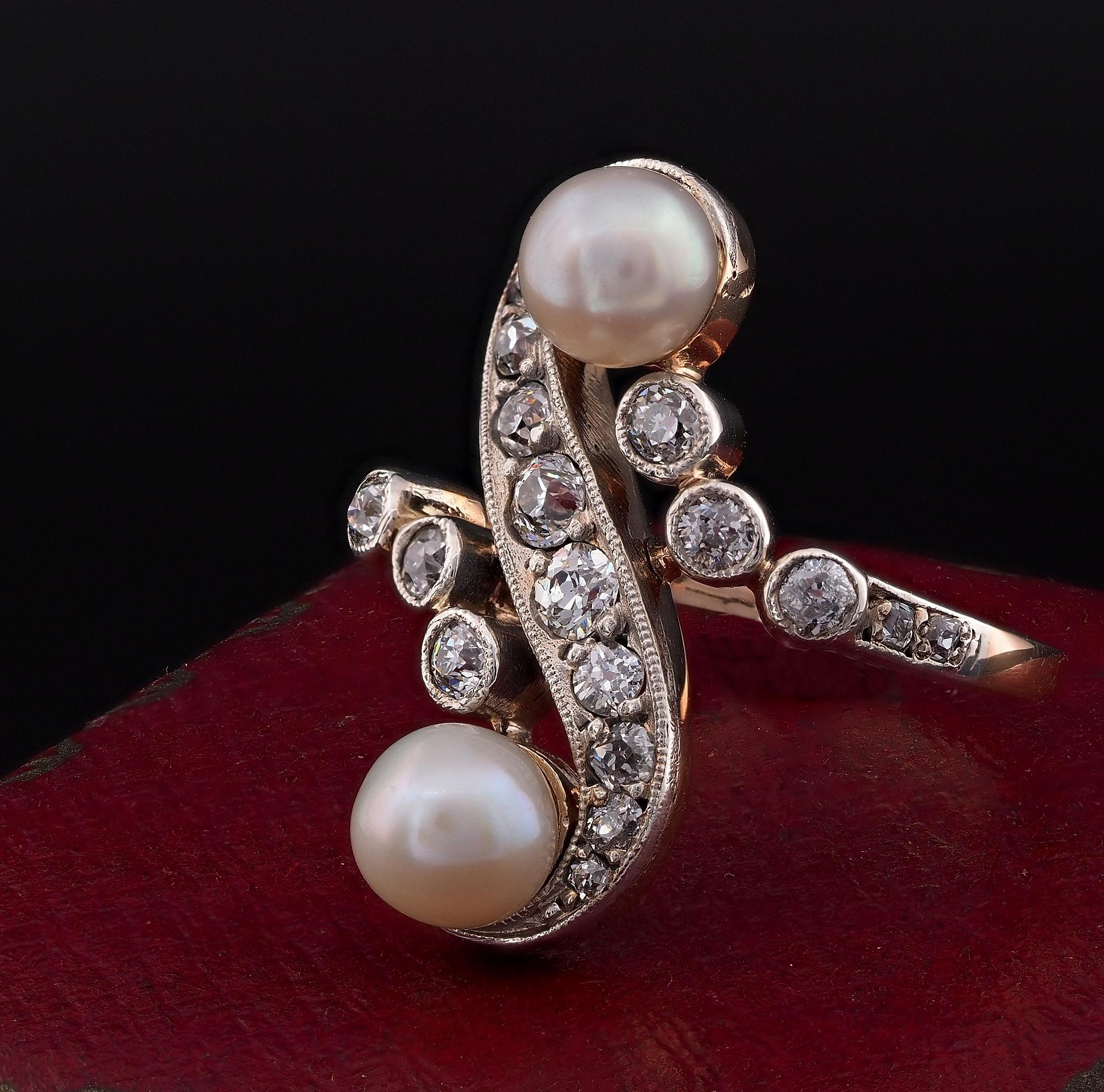 Women's Edwardian Natural Pearl .85 Ct Mine Cut Diamond Rare ring For Sale