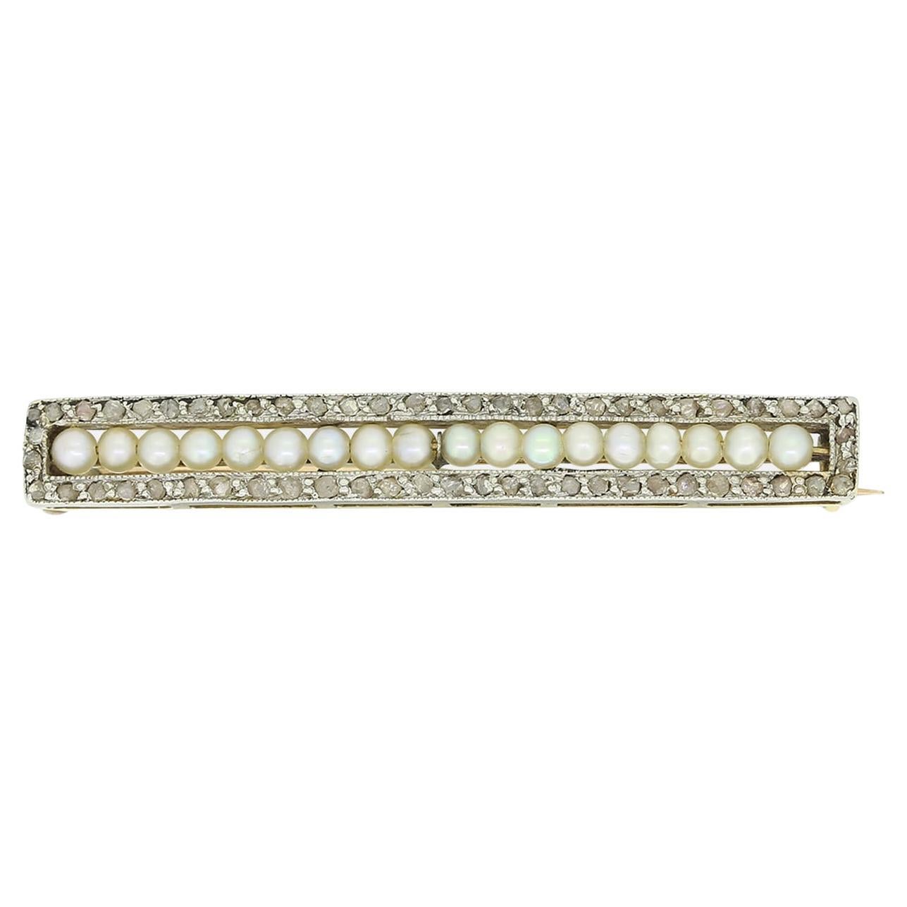  Edwardian Natural Pearl and Diamond Bar Brooch For Sale