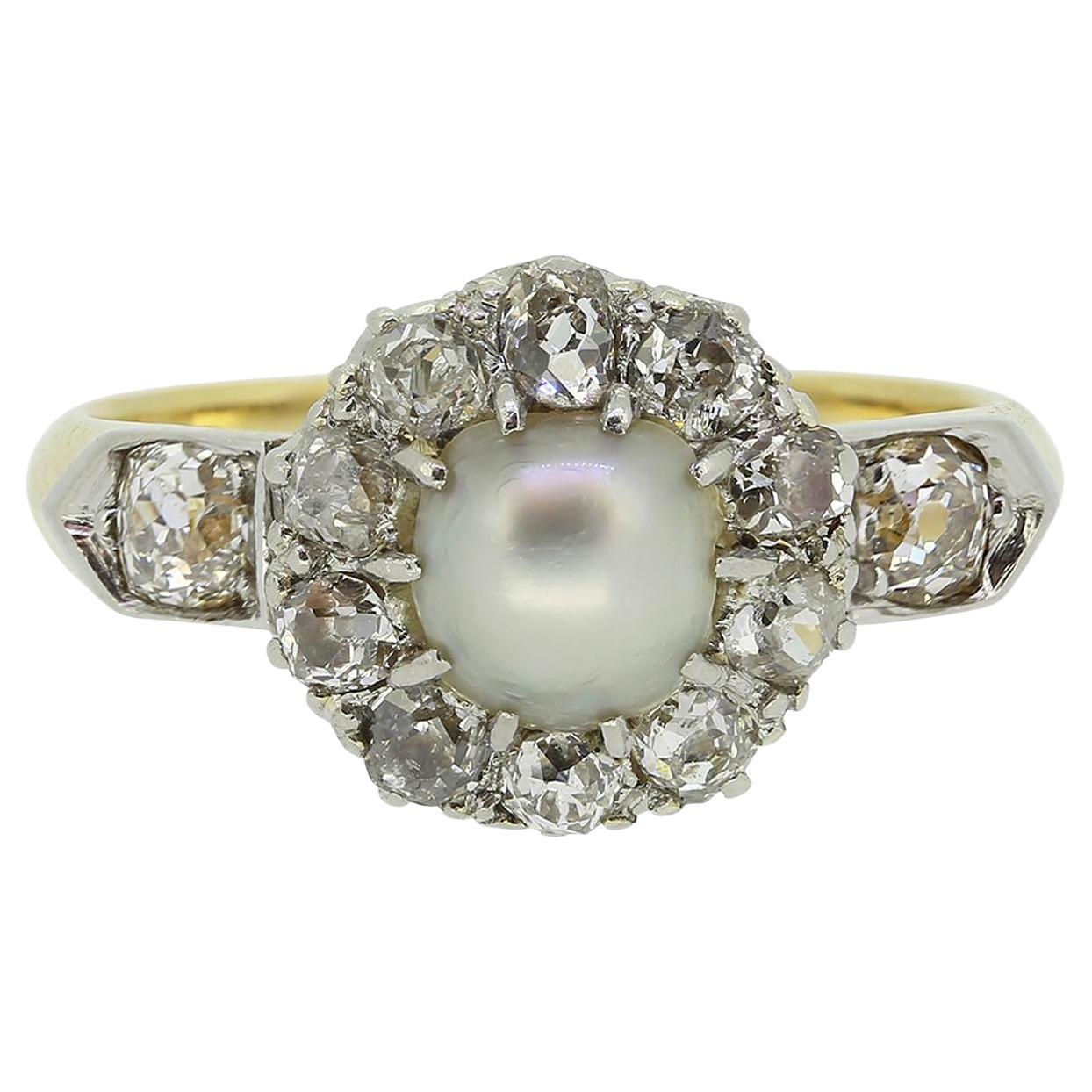 Edwardian Natural Pearl and Diamond Cluster Ring